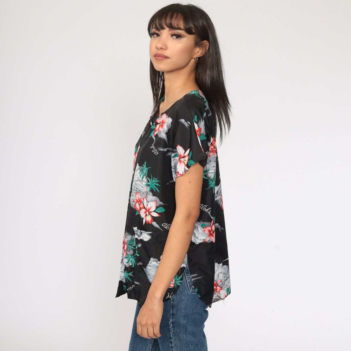 80s Tropical Floral Hawaiian Button-Up Blouse Black Hibiscus Print Medium Large