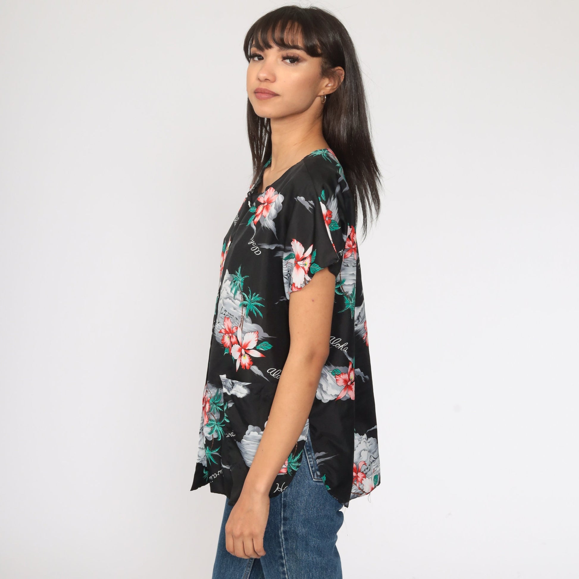 80s Tropical Floral Hawaiian Button-Up Blouse Black Hibiscus Print Medium Large