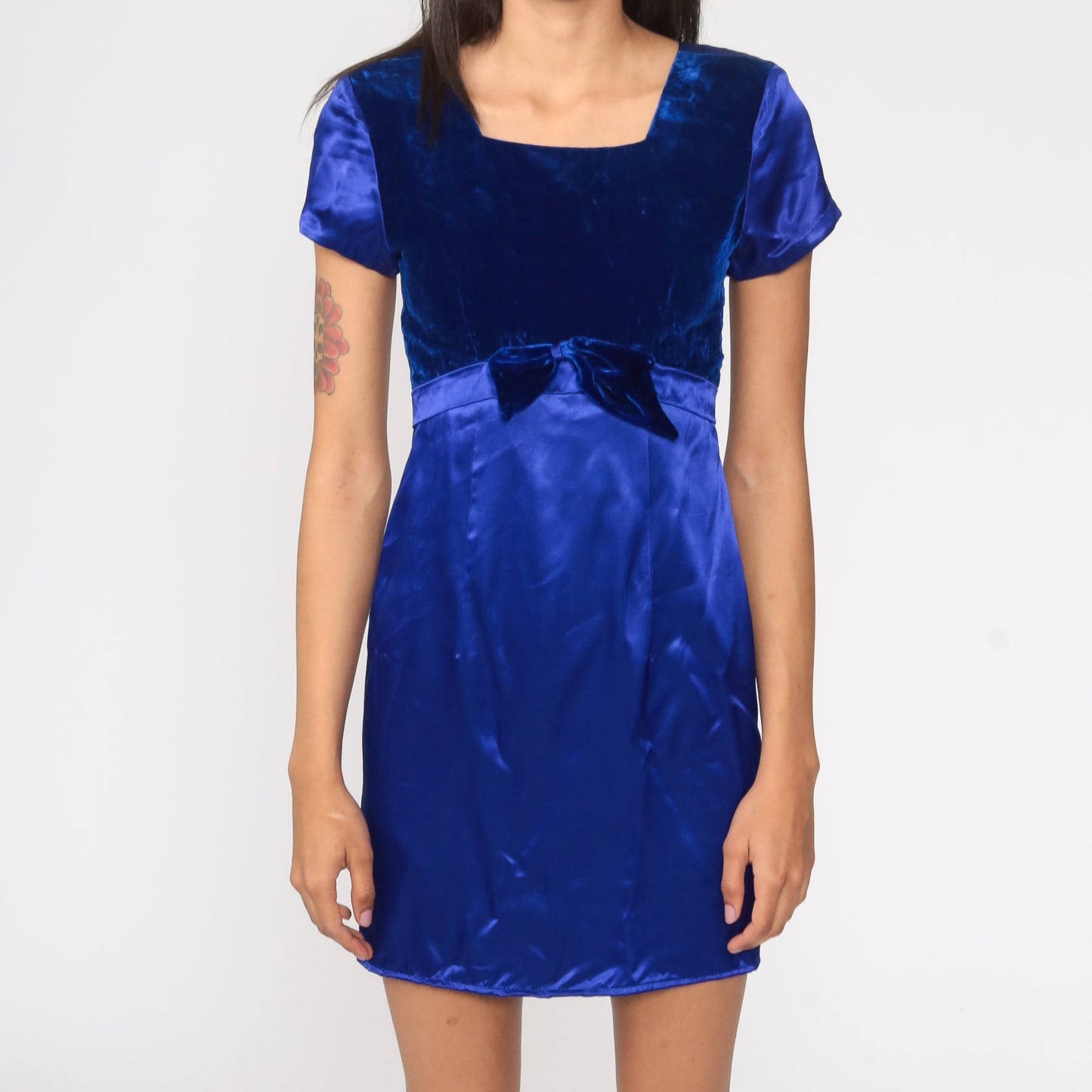 90s Blue Satin Velvet Mini Dress Empire Waist Bow Short Sleeve Extra Small