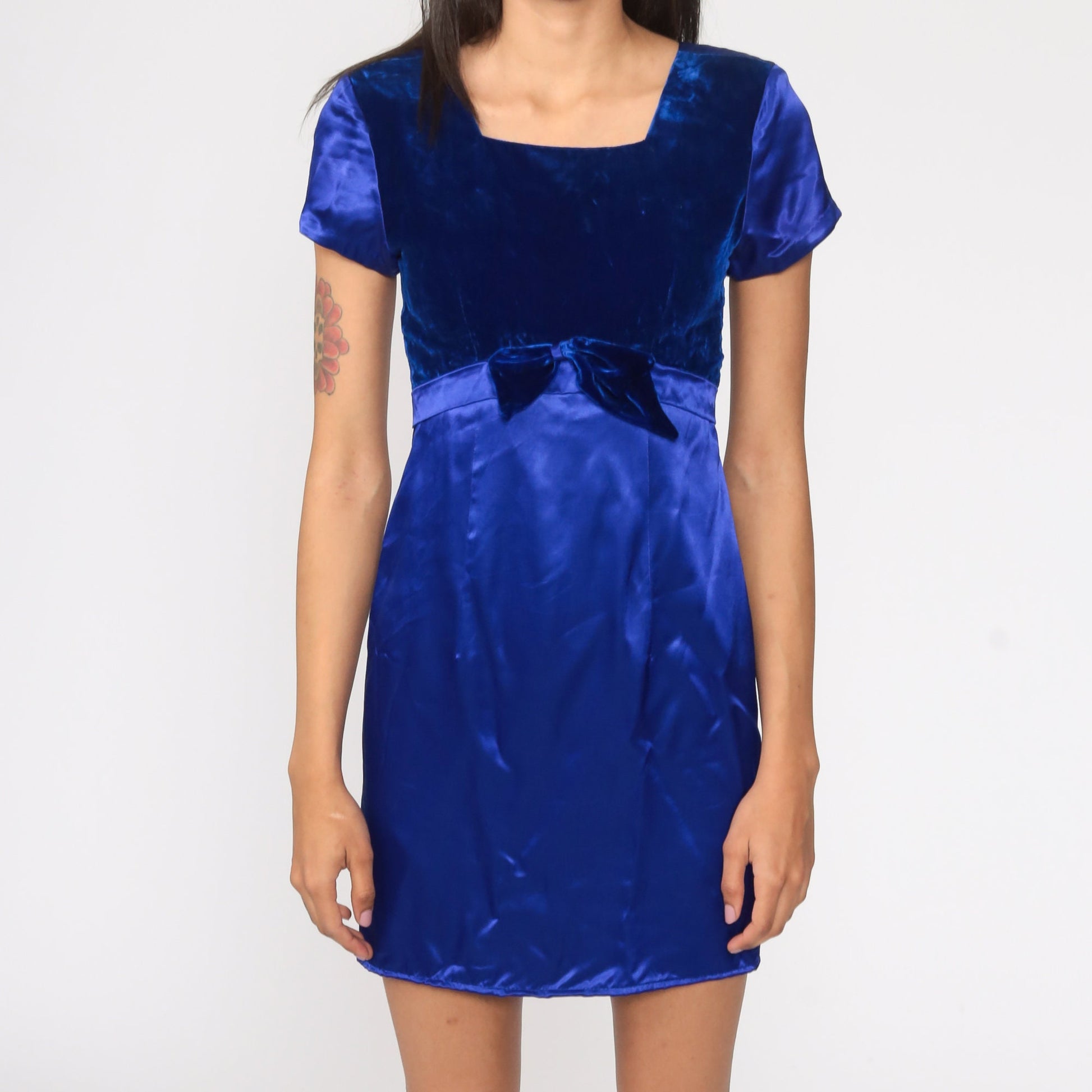 90s Blue Satin Velvet Mini Dress Empire Waist Bow Short Sleeve Extra Small