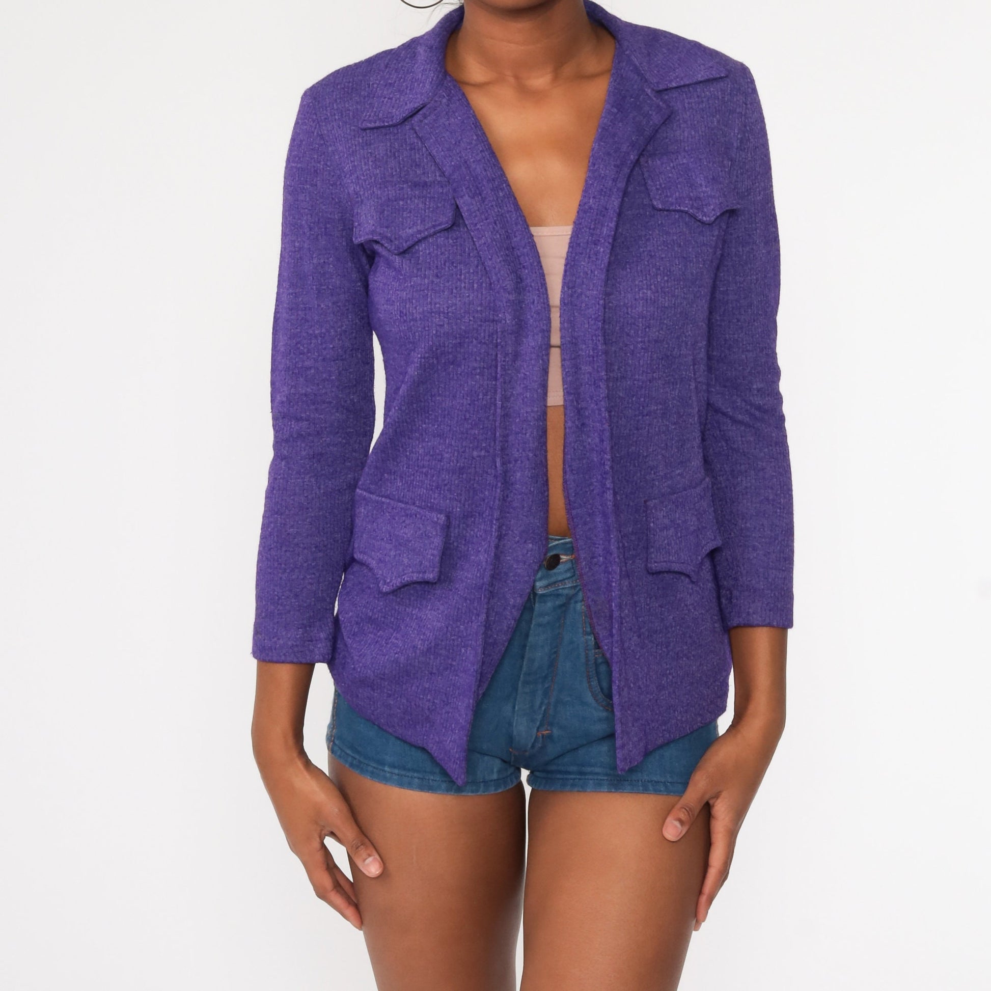 70s Purple Wrap Cardigan Sweater Knit Open Front Small S