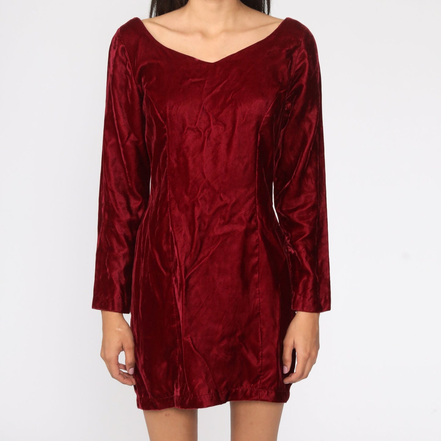 60s Red Velvet Mini Dress Long Sleeve Sheath Cocktail Small