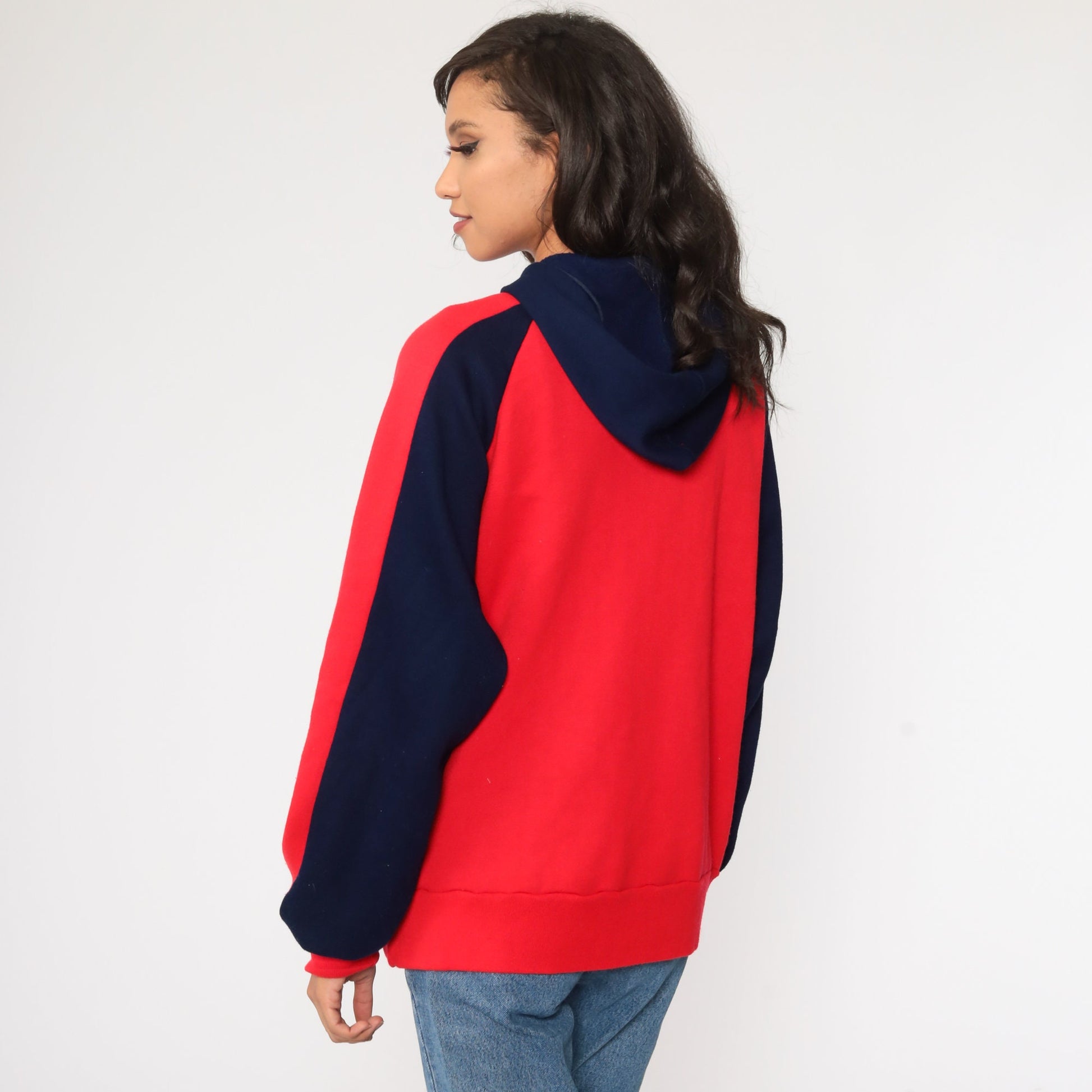 80s Navy Red Striped Zip-Up Hoodie Sweatshirt Medium Large