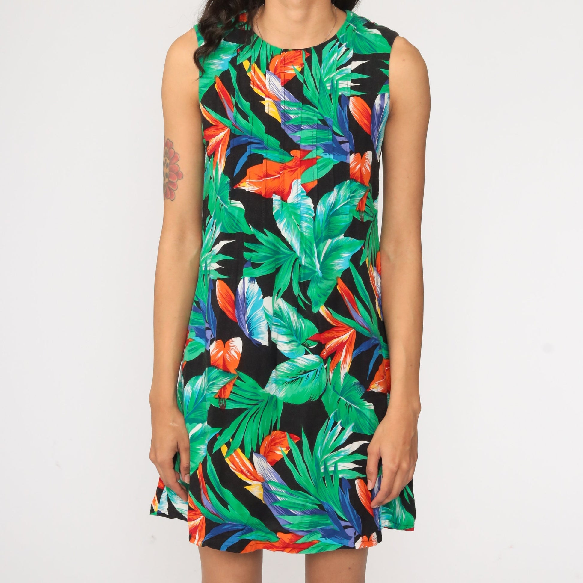 90s Tropical Floral Mini Shift Dress Sleeveless Flower Print Extra Small