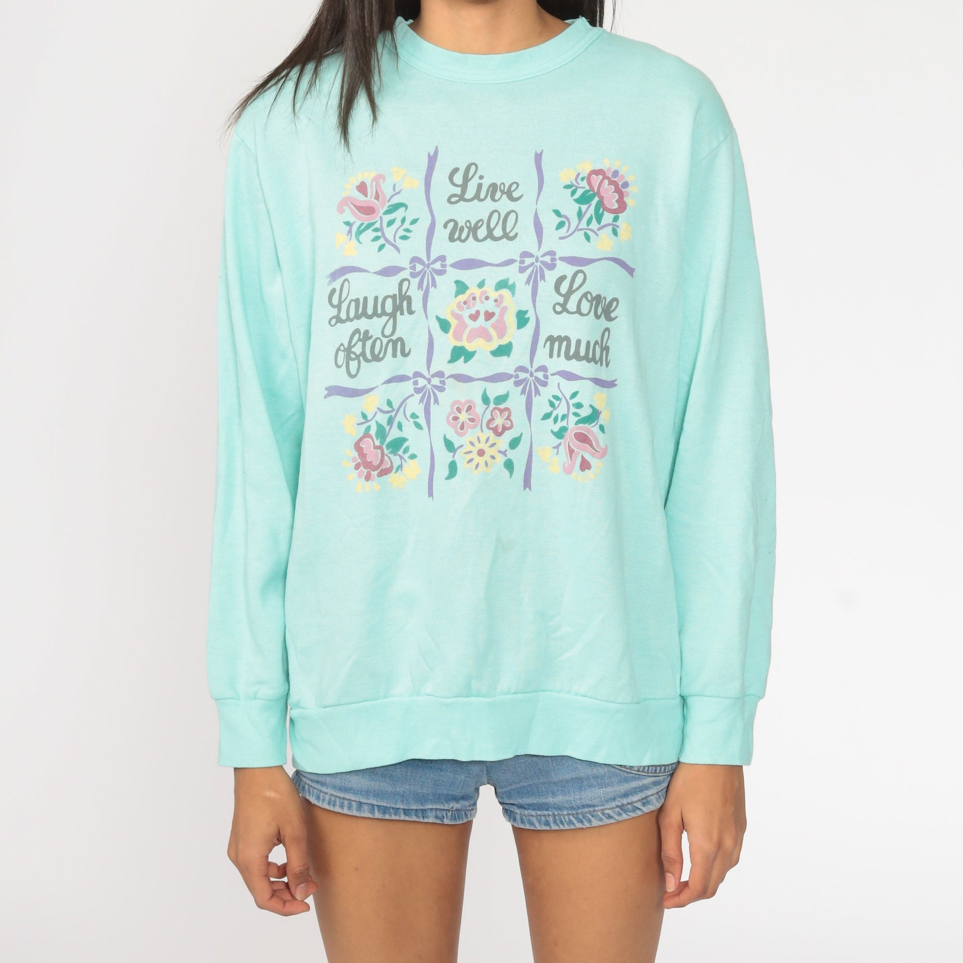 80s Live Laugh Love Slogan Sweatshirt Turquoise Graphic Crewneck Large