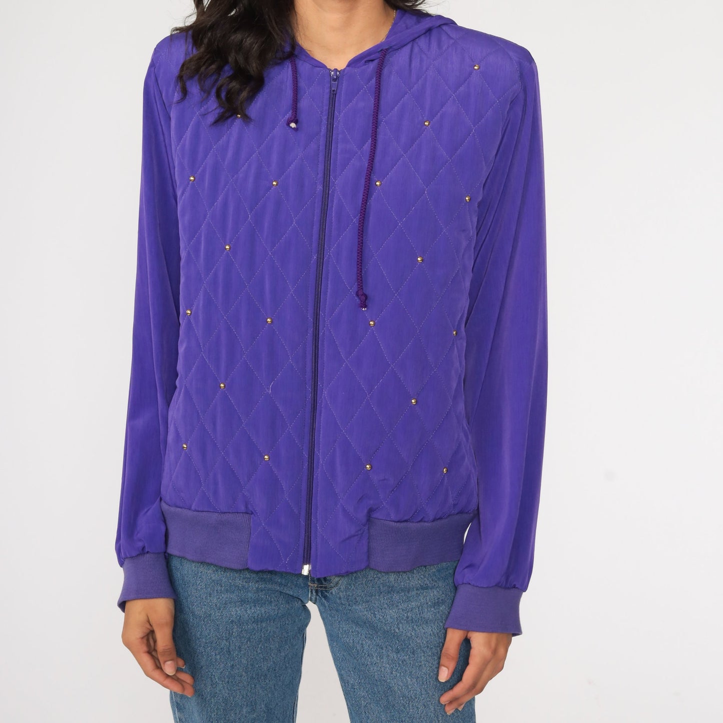 90s Purple Quilted Windbreaker Jacket Beaded Hooded Shell Large