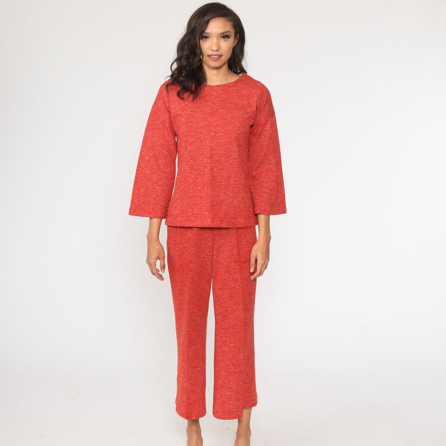 70s Red Bell Bottom Two Piece Set Long Sleeve Top Trousers Small