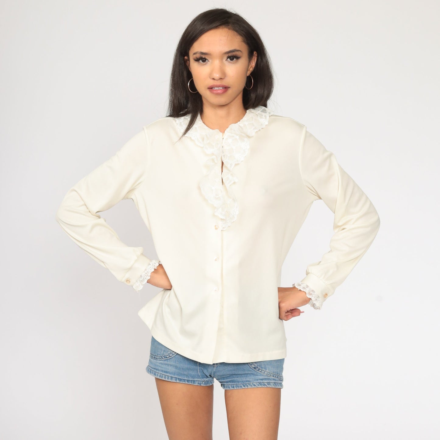70s Cream Lace Ruffle Blouse High Collar Long Sleeve Button Up Large