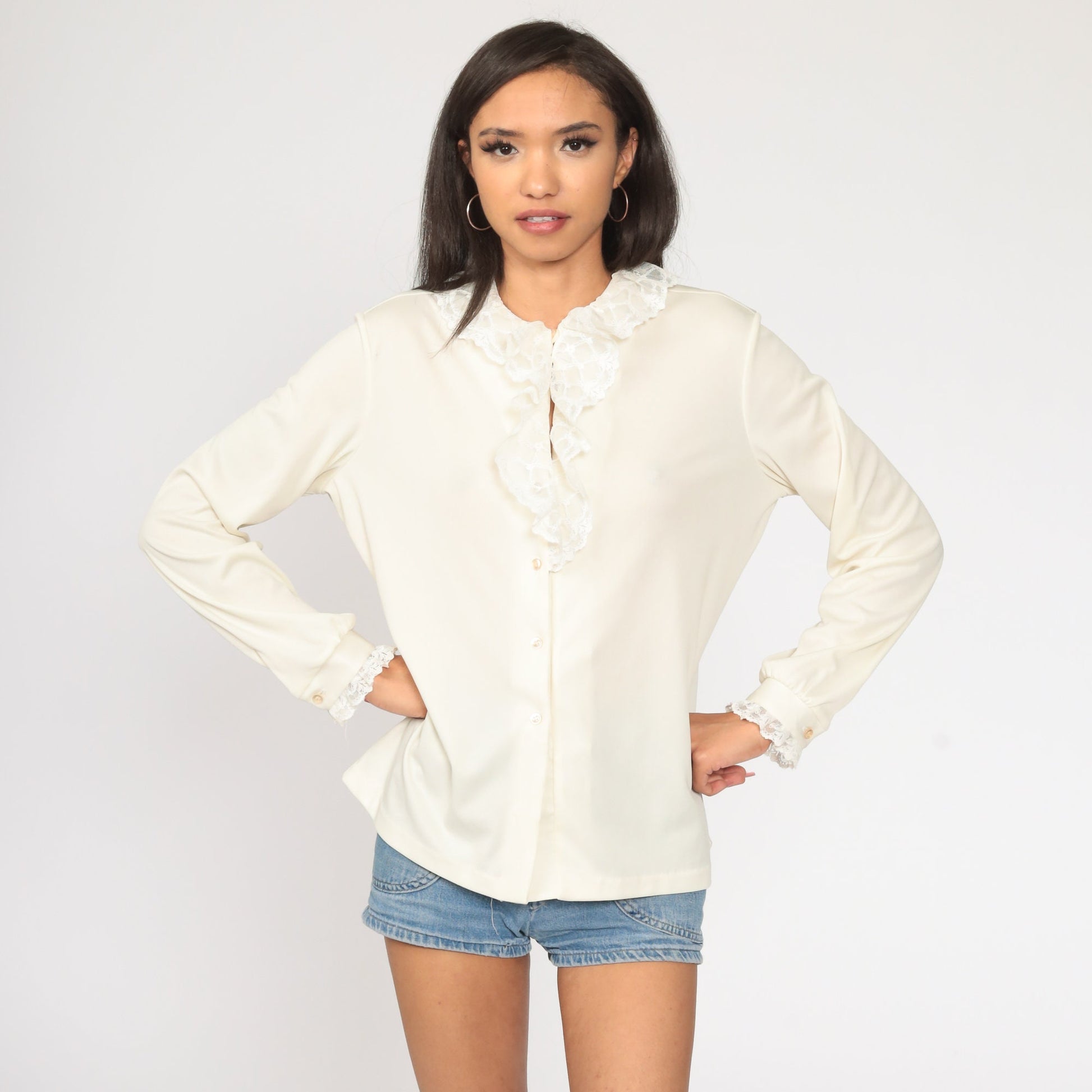 70s Cream Lace Ruffle Blouse High Collar Long Sleeve Button Up Large