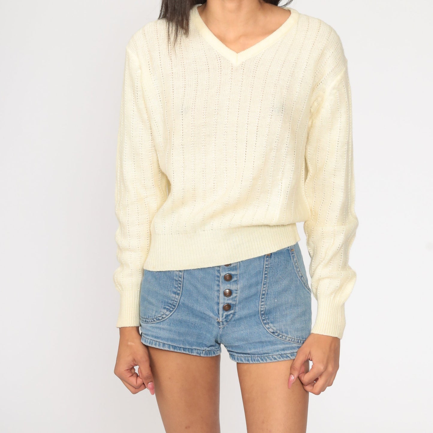 80s Cream V-Neck Knit Sweater Pointelle Slouchy Pullover Medium