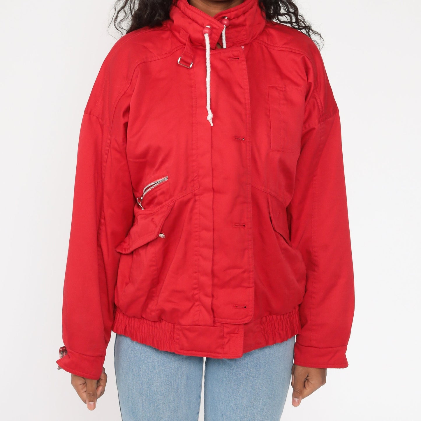 80s Red Windbreaker Jacket Plaid Lined Cotton Blend Large