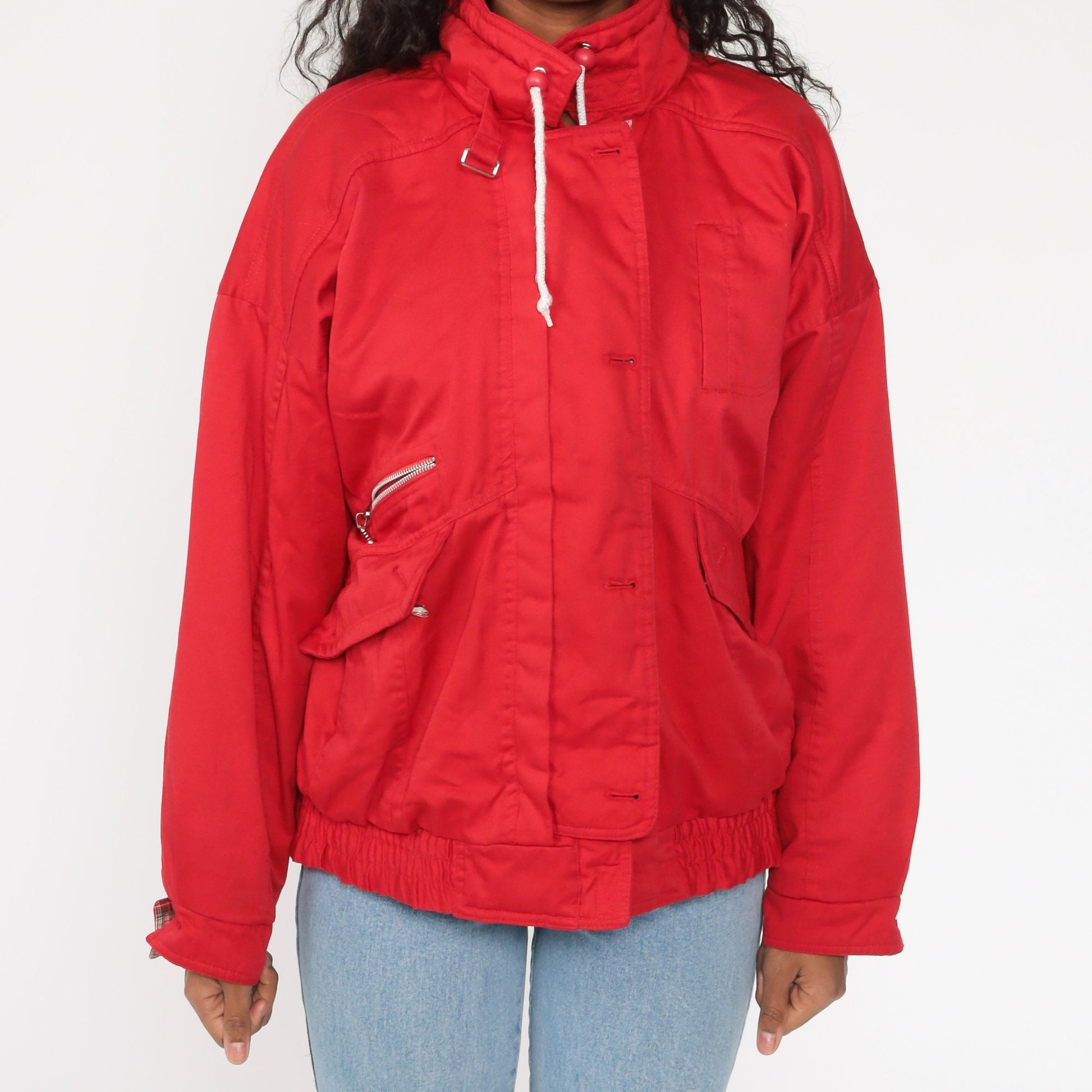 80s Red Windbreaker Jacket Plaid Lined Cotton Blend Large