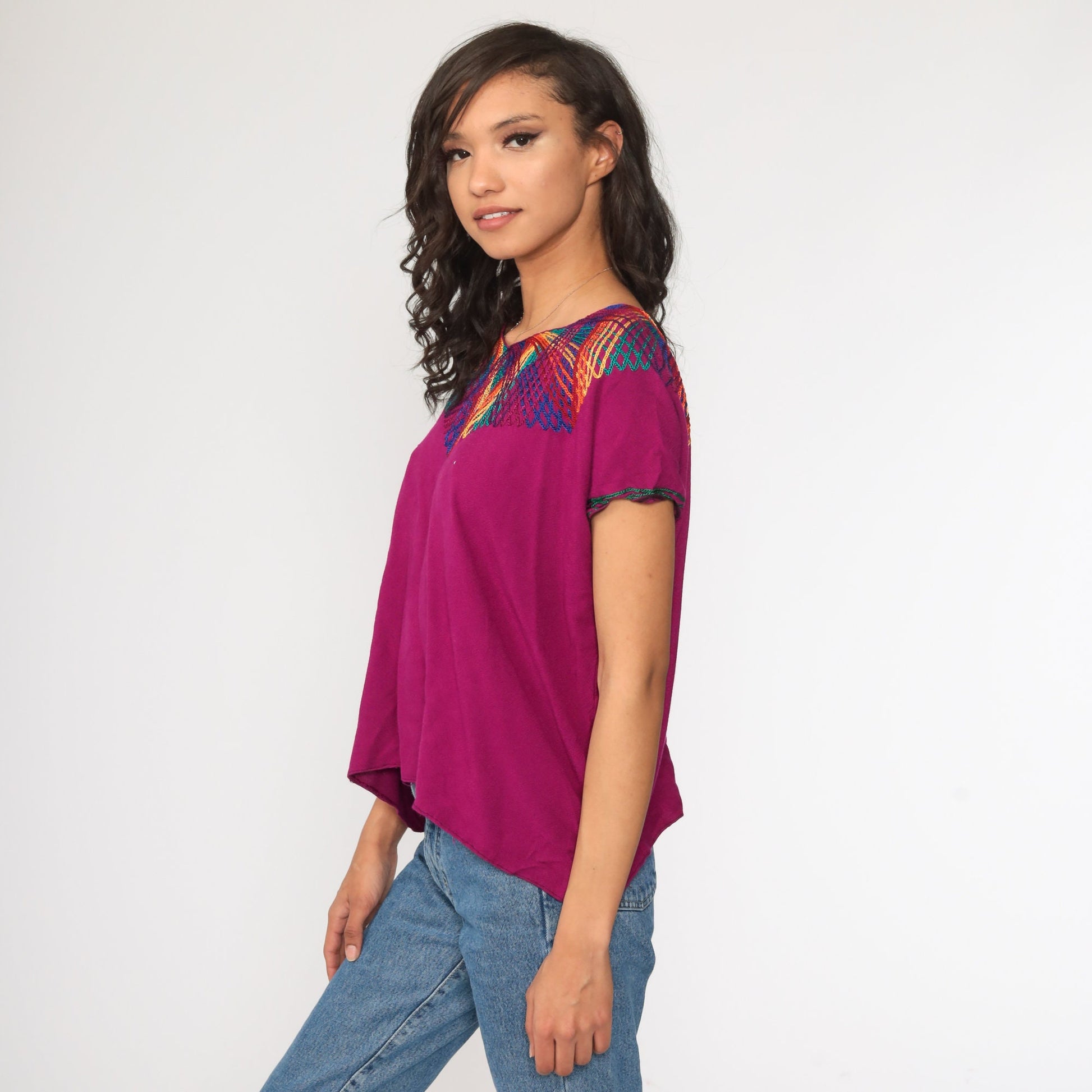 90s Purple Rainbow Striped Tunic Top Short Sleeve Small S