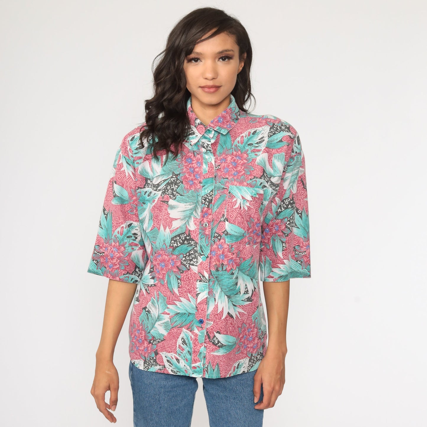 80s Tropical Floral Button-Up Shirt Green Pink Leaf Print Medium Large