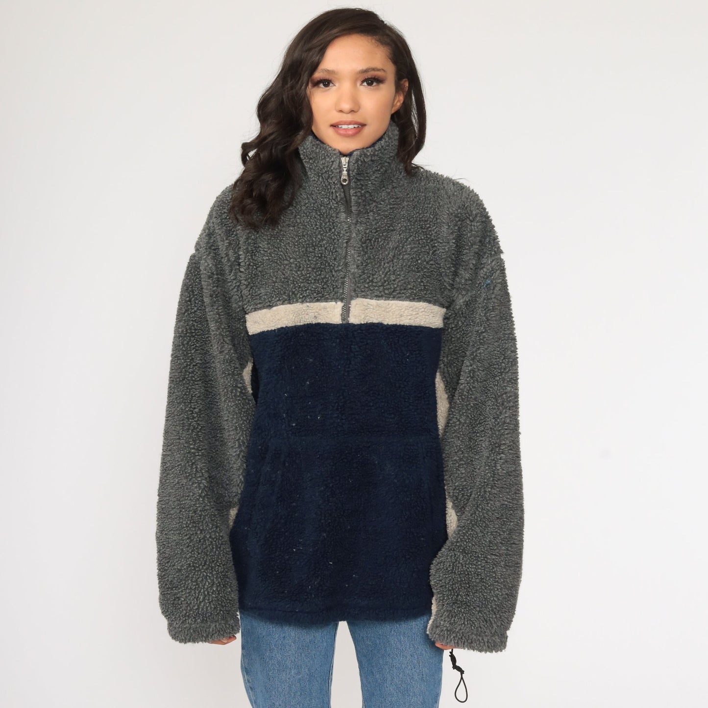 90s Navy Grey Colour Block Fleece Half-Zip Pullover Jacket Large