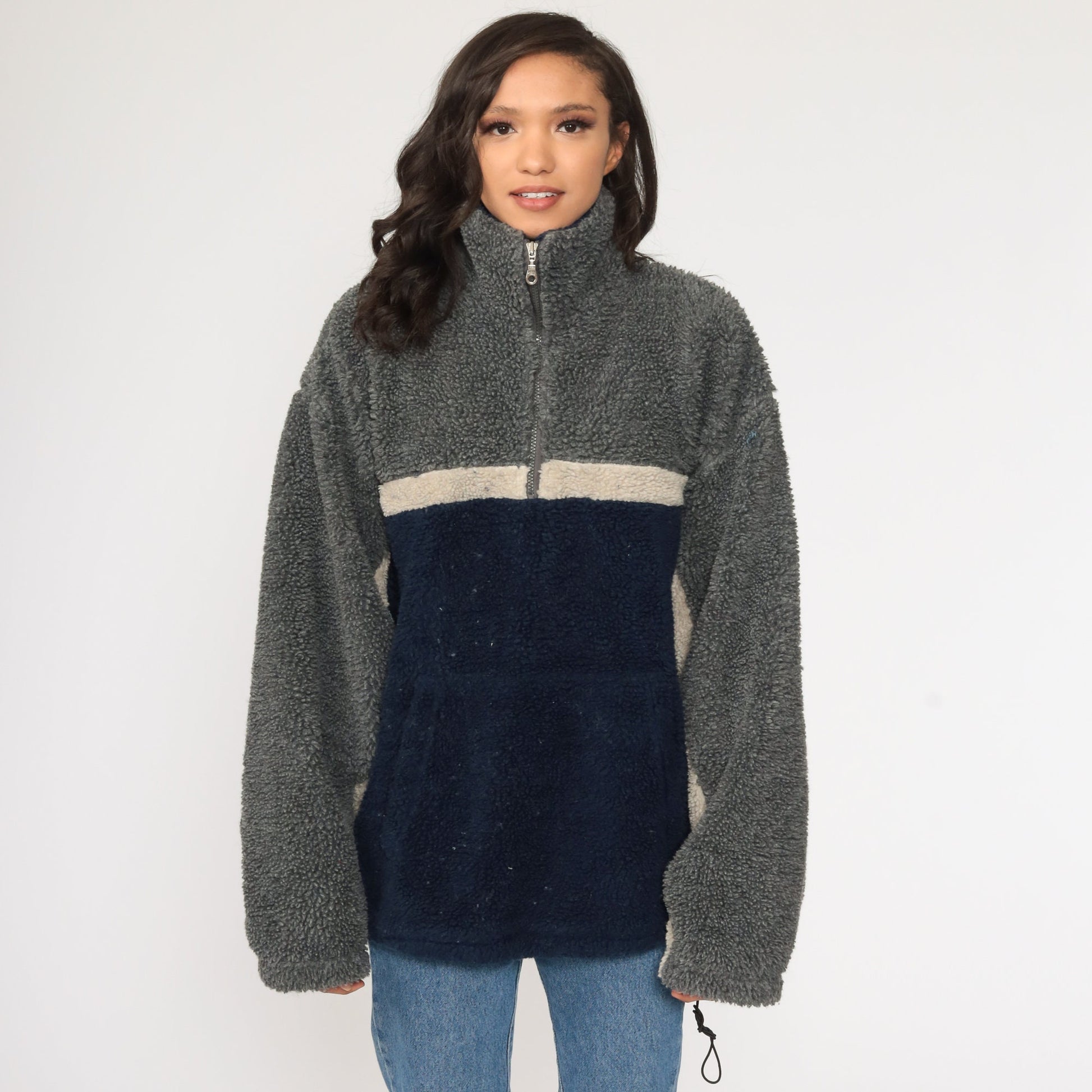 90s Navy Grey Colour Block Fleece Half-Zip Pullover Jacket Large