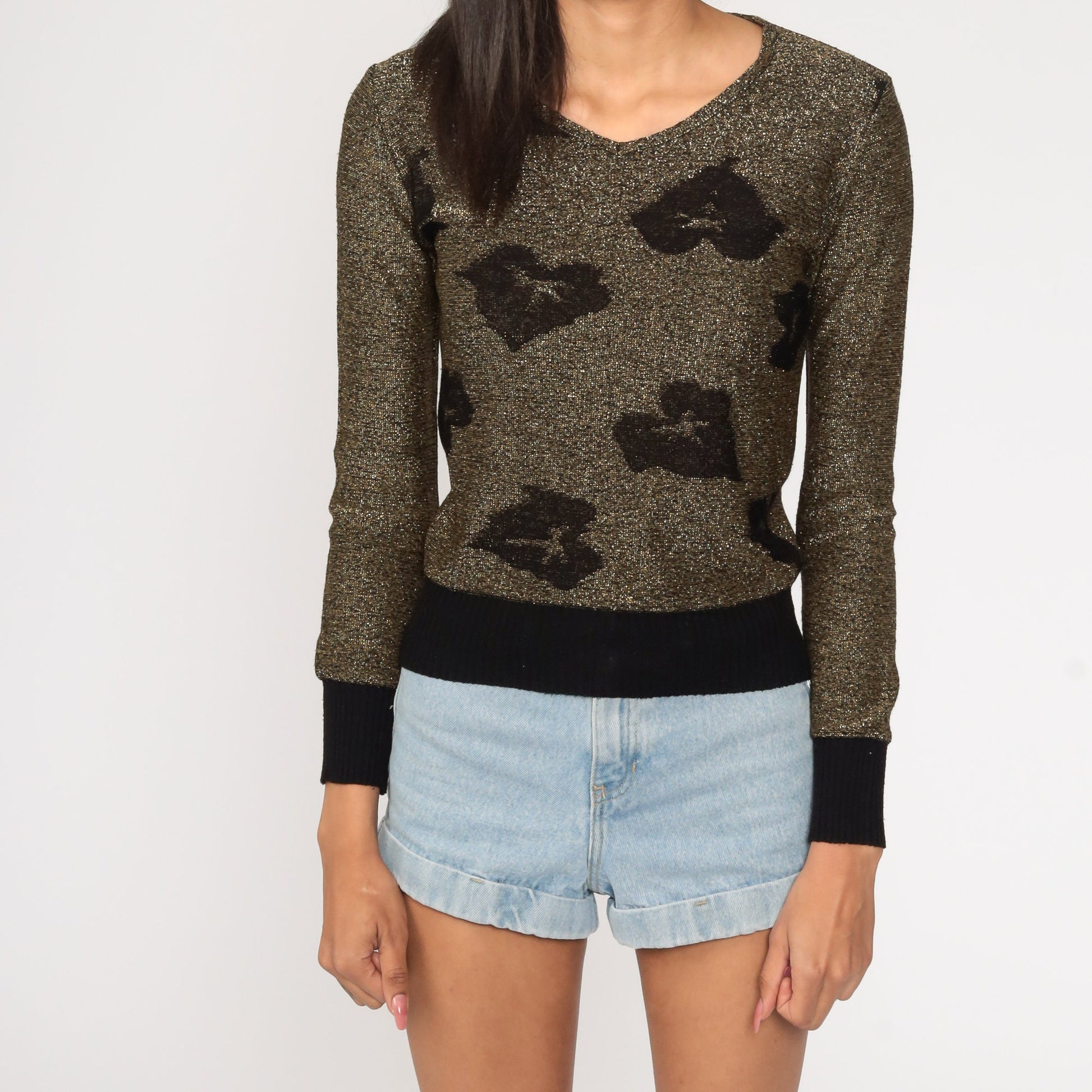 80s Metallic Leaf Sweater Black Gold Glitter Knit Pullover Extra Small XXS