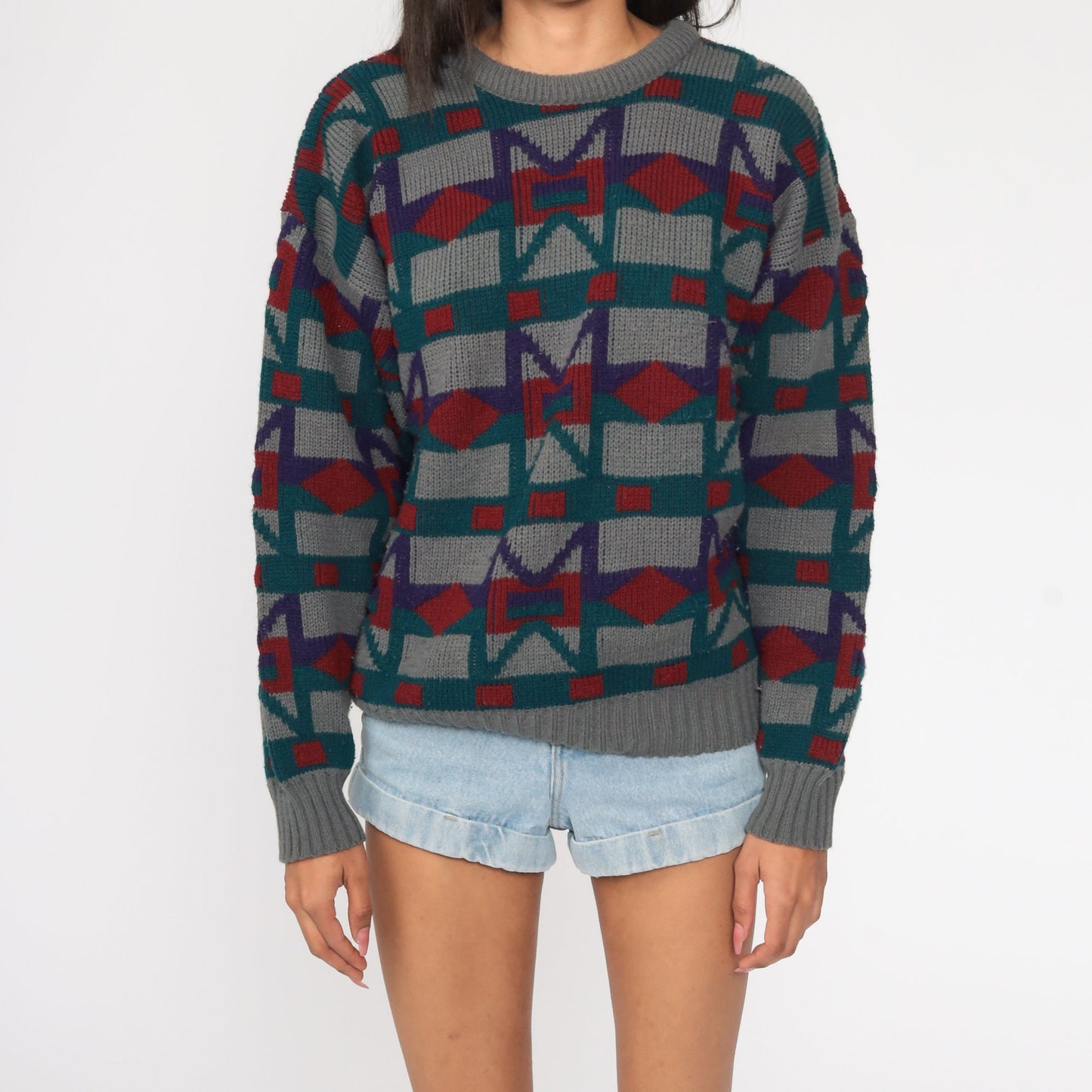 80s Geometric Print Knit Sweater Grey Pullover Large