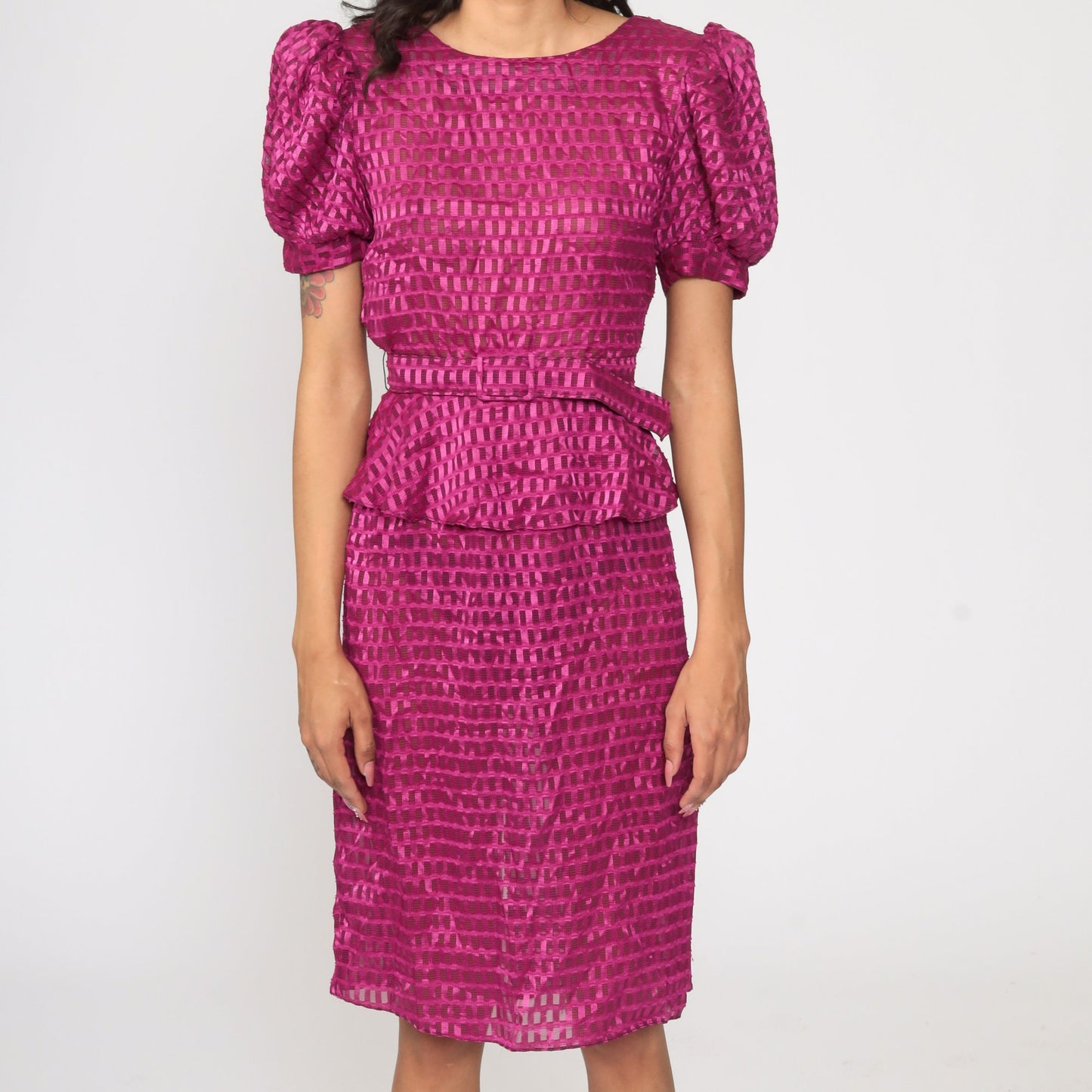 80s Purple Sheer Midi Dress Puff Sleeve High Waisted Peplum Small