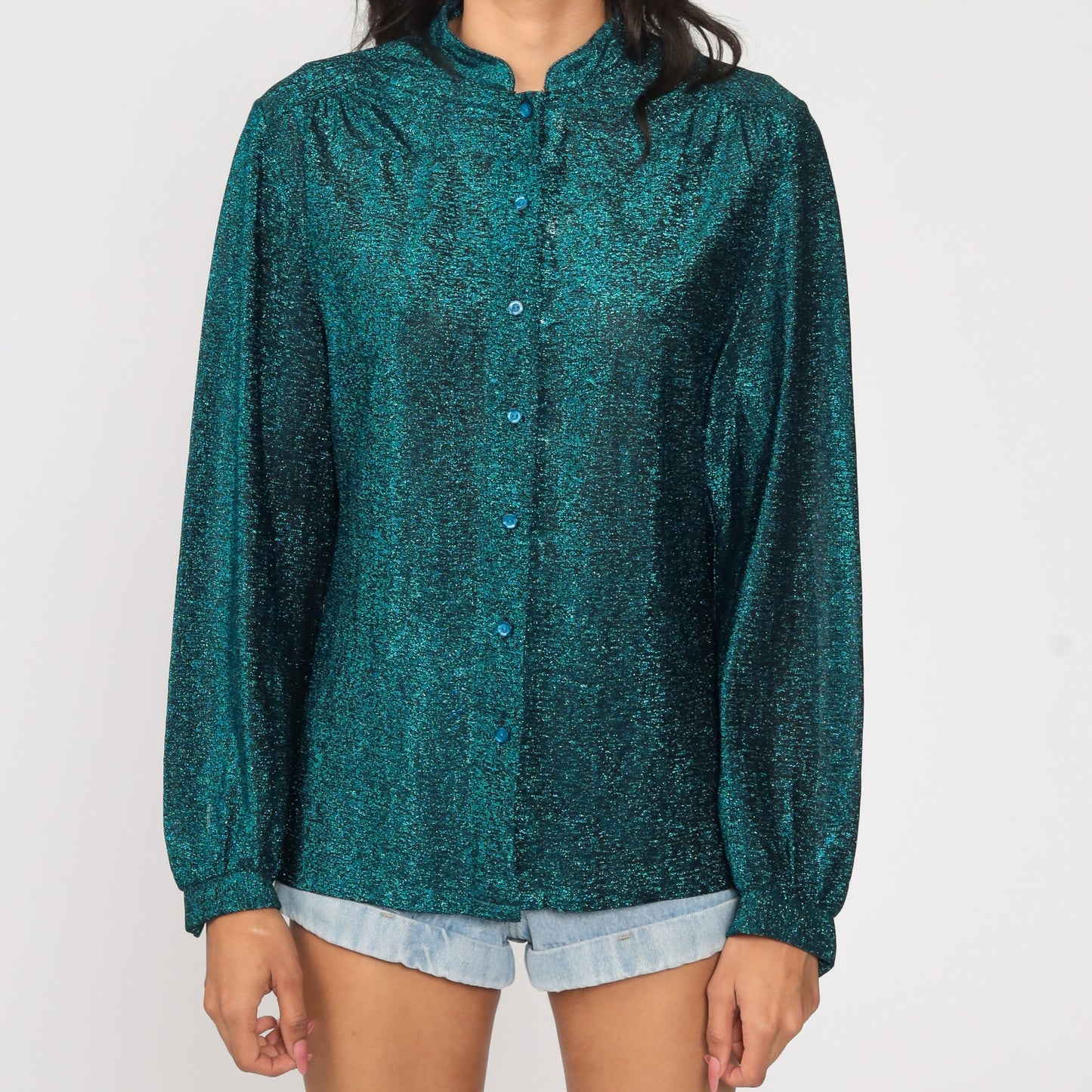 Metallic Blue Sheer Button-Up Blouse Long Sleeve 90s Medium
