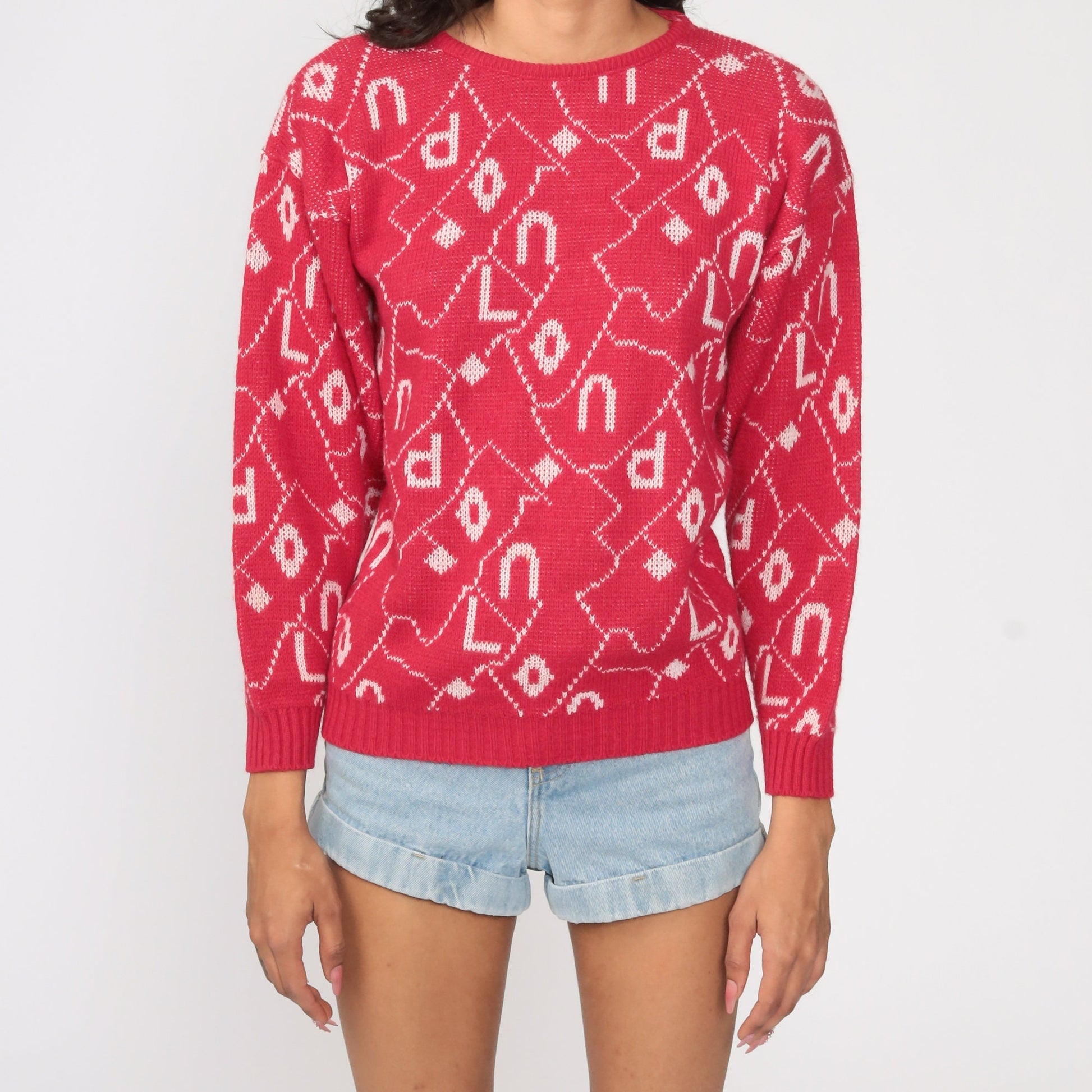 80s London Spellout Knit Sweater Pink Geometric Pullover Small S
