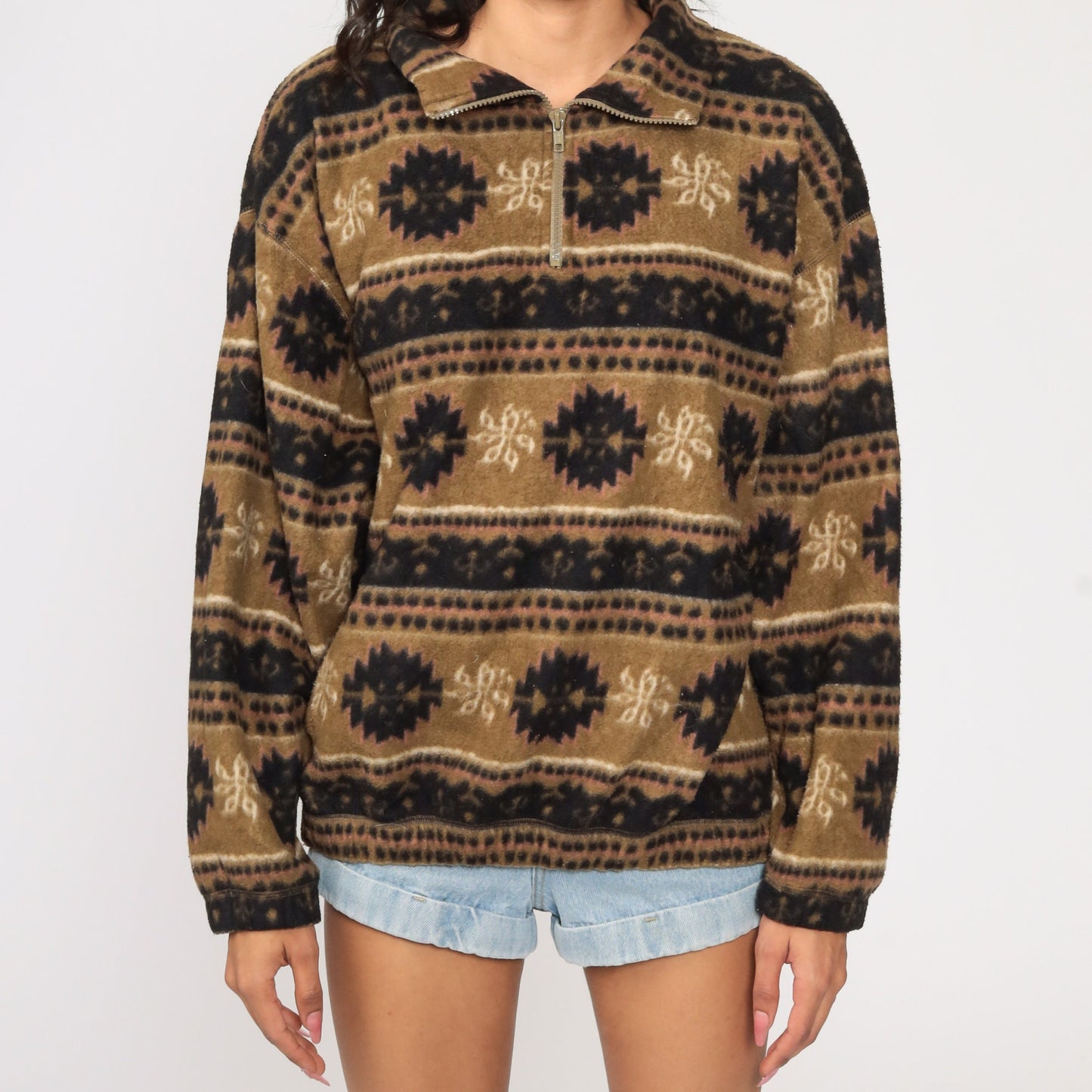 90s Bugle Boy Fleece Pullover Jacket Brown Geometric Quarter Zip Medium