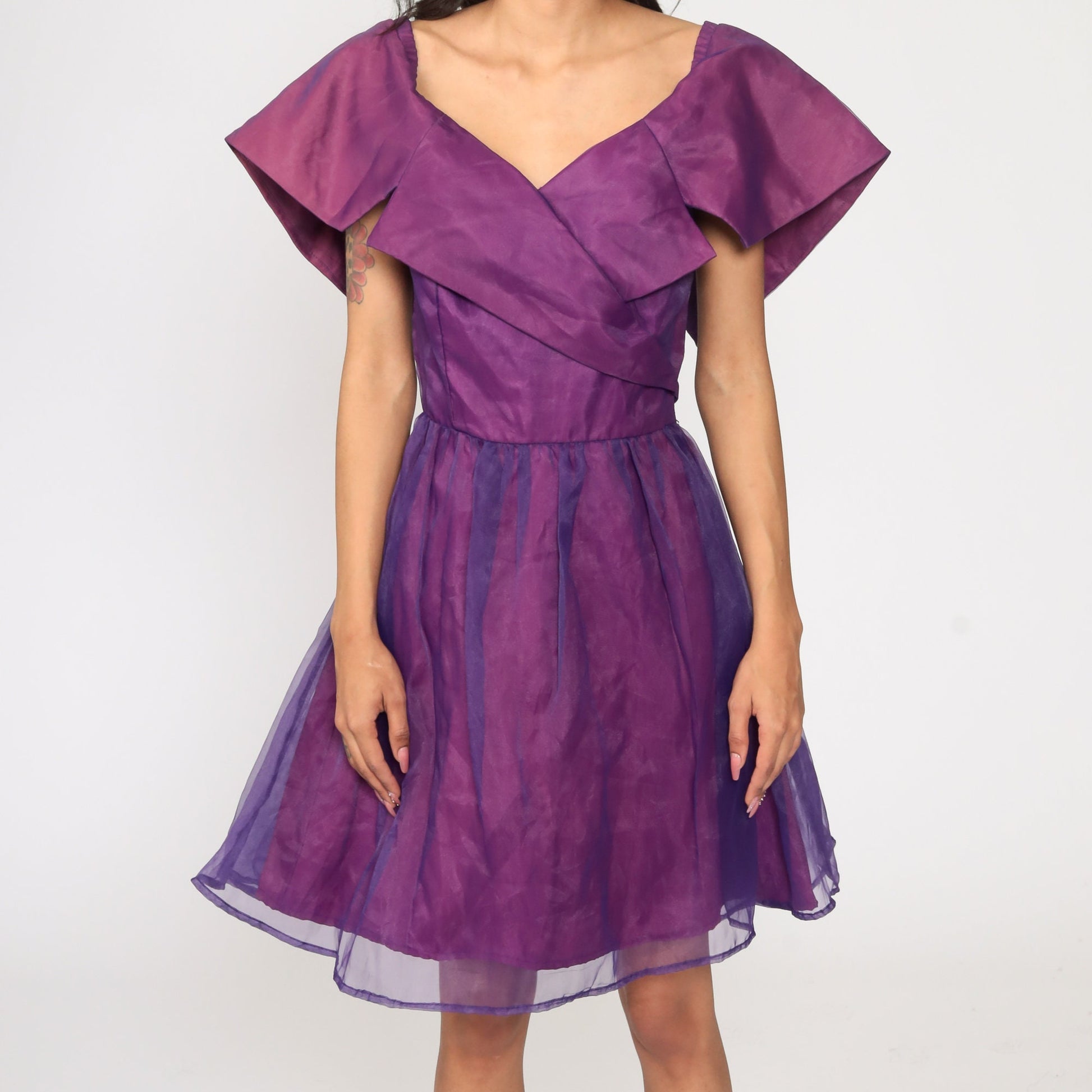 70s Purple Organza Wrap Dress High Waist Deep V Neck Mini Small