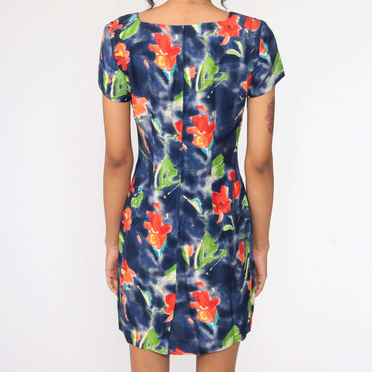 90s Jessica Howard Floral Mini Dress Blue Watercolor Sheath Short Sleeve Small