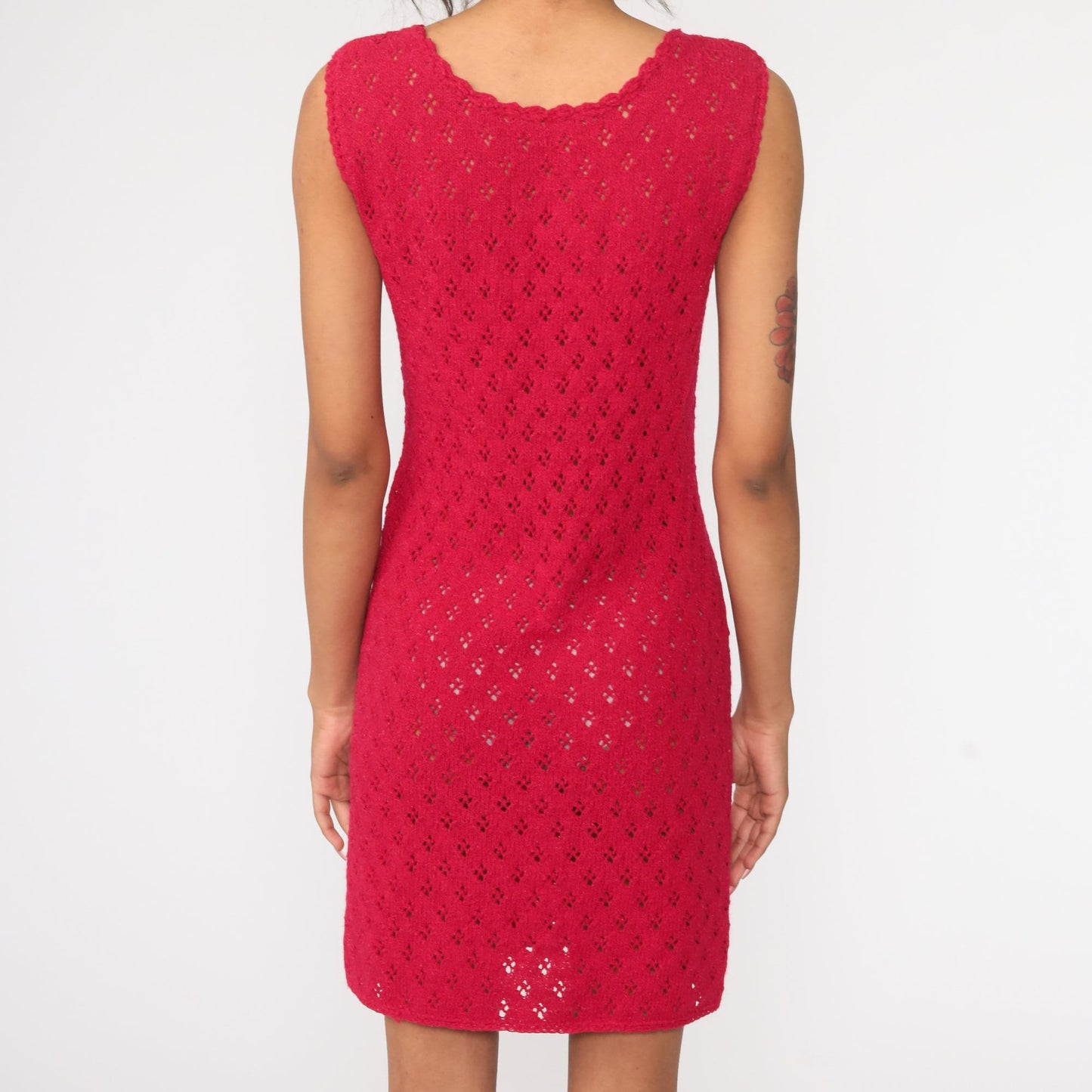 70s Sheer Pink Crochet Knit Mini Dress Sleeveless Shift Small Medium