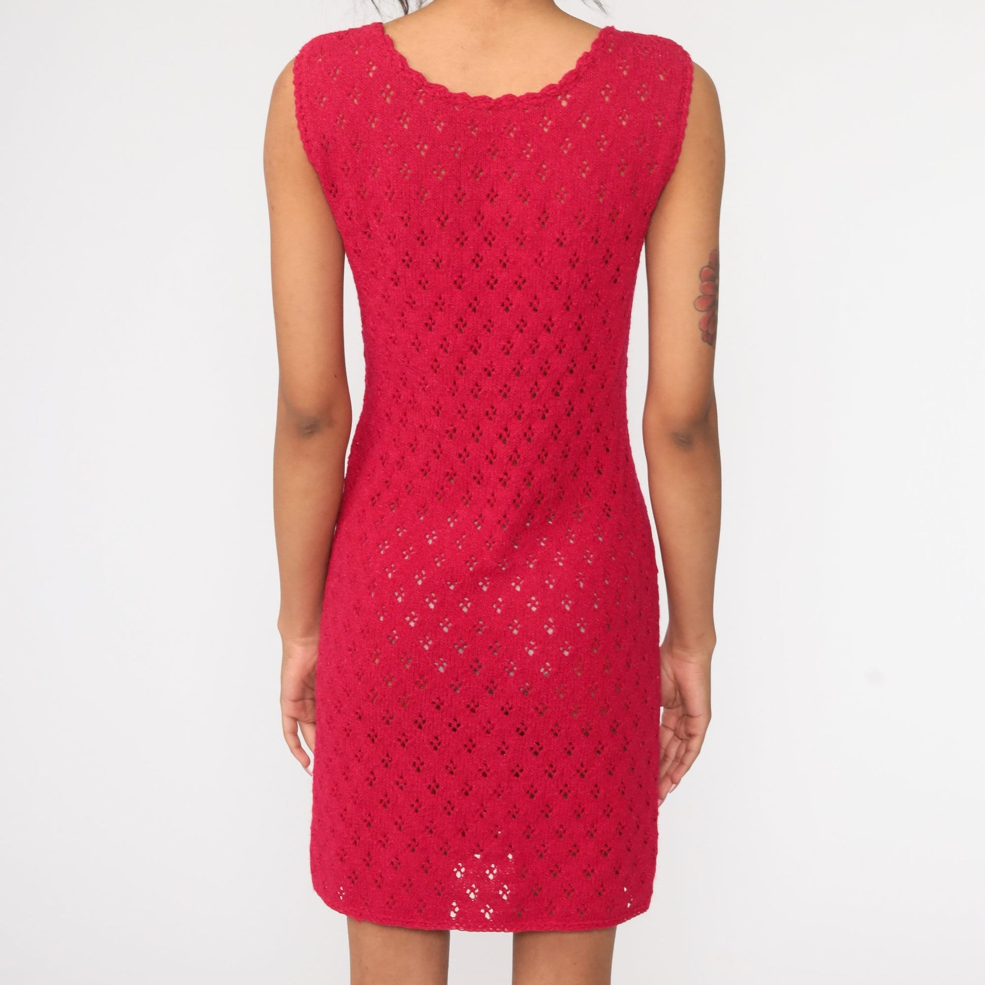 70s Sheer Pink Crochet Knit Mini Dress Sleeveless Shift Small Medium