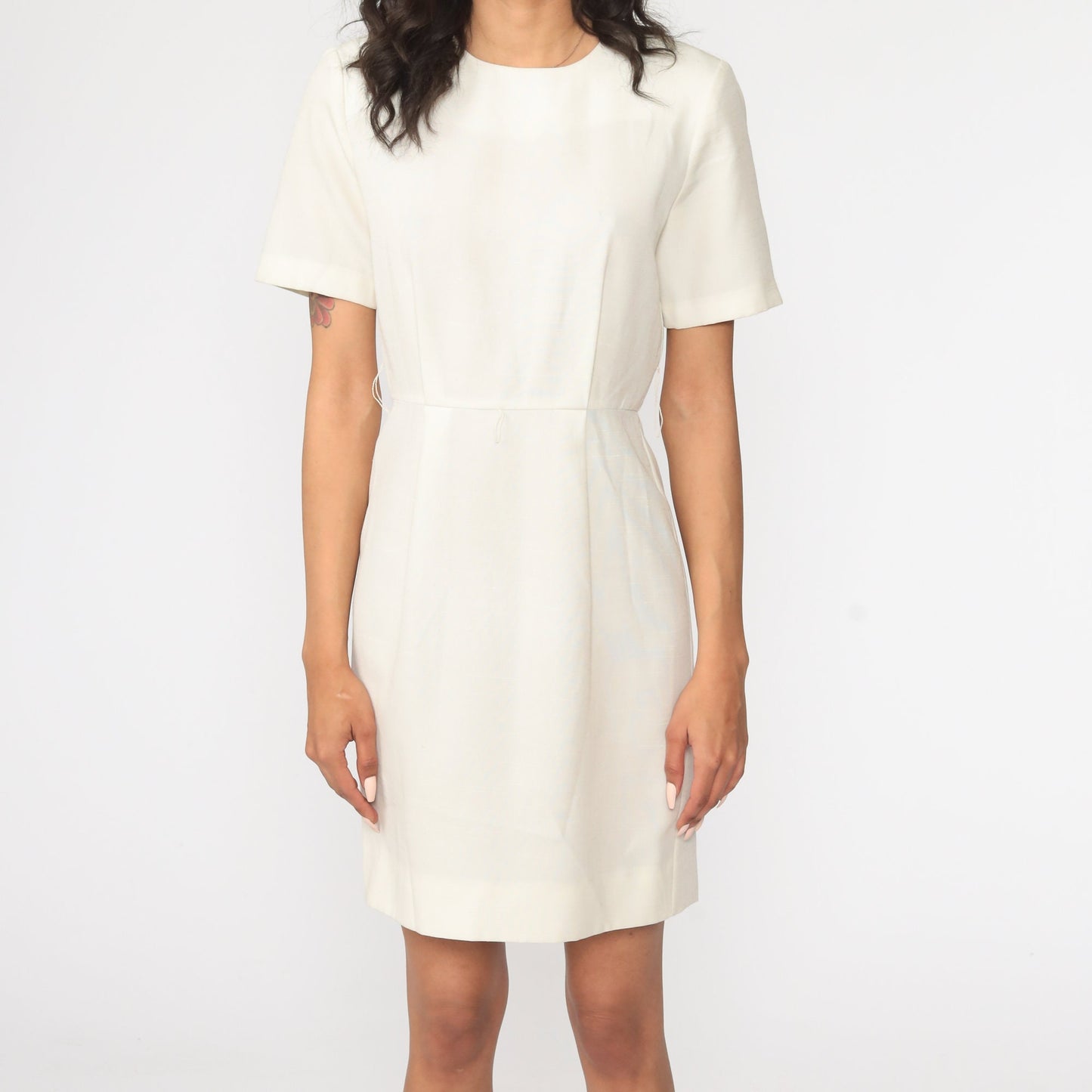 80s Off-White High Waist Mini Dress Short Sleeve Small S