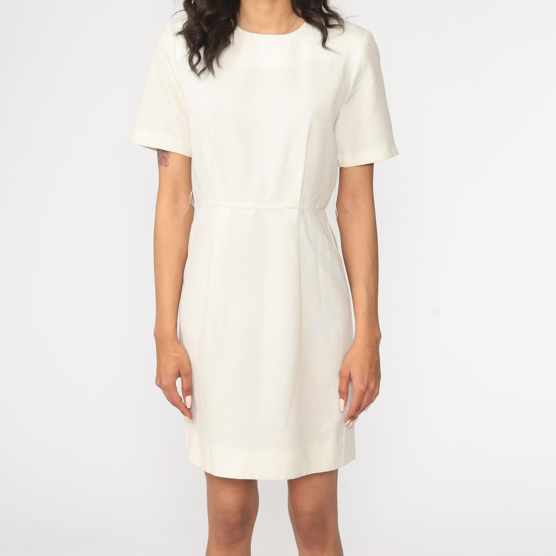 80s Off-White High Waist Mini Dress Short Sleeve Small S