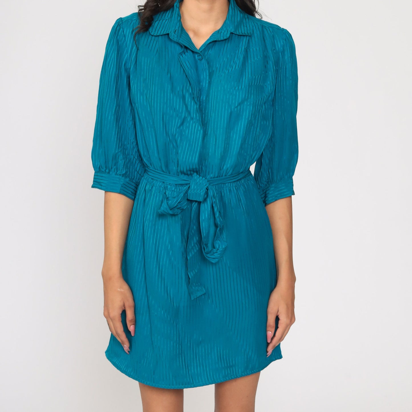 80s Blue Pinstriped Puff Sleeve Mini Dress High Waisted Button Up Large L