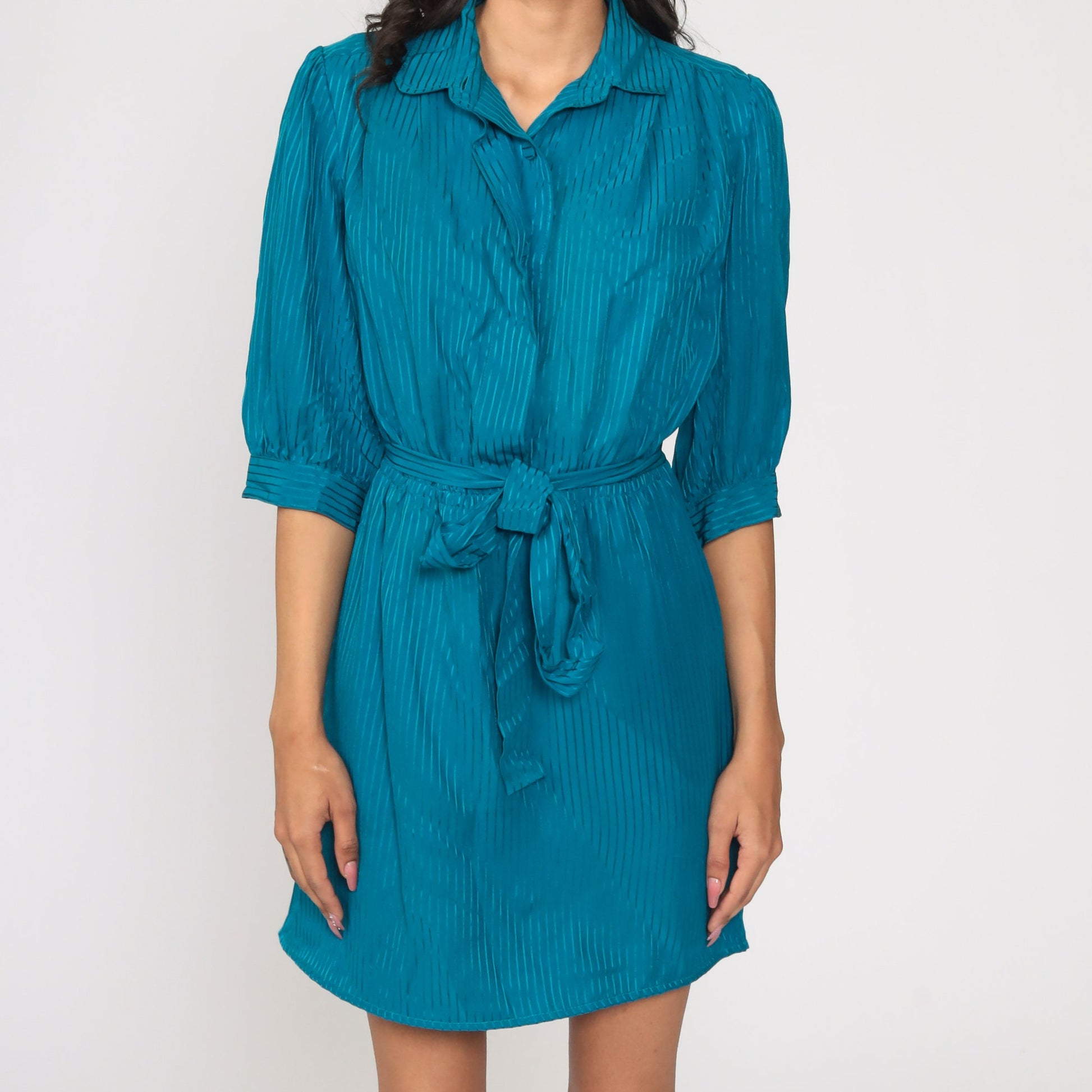 80s Blue Pinstriped Puff Sleeve Mini Dress High Waisted Button Up Large L