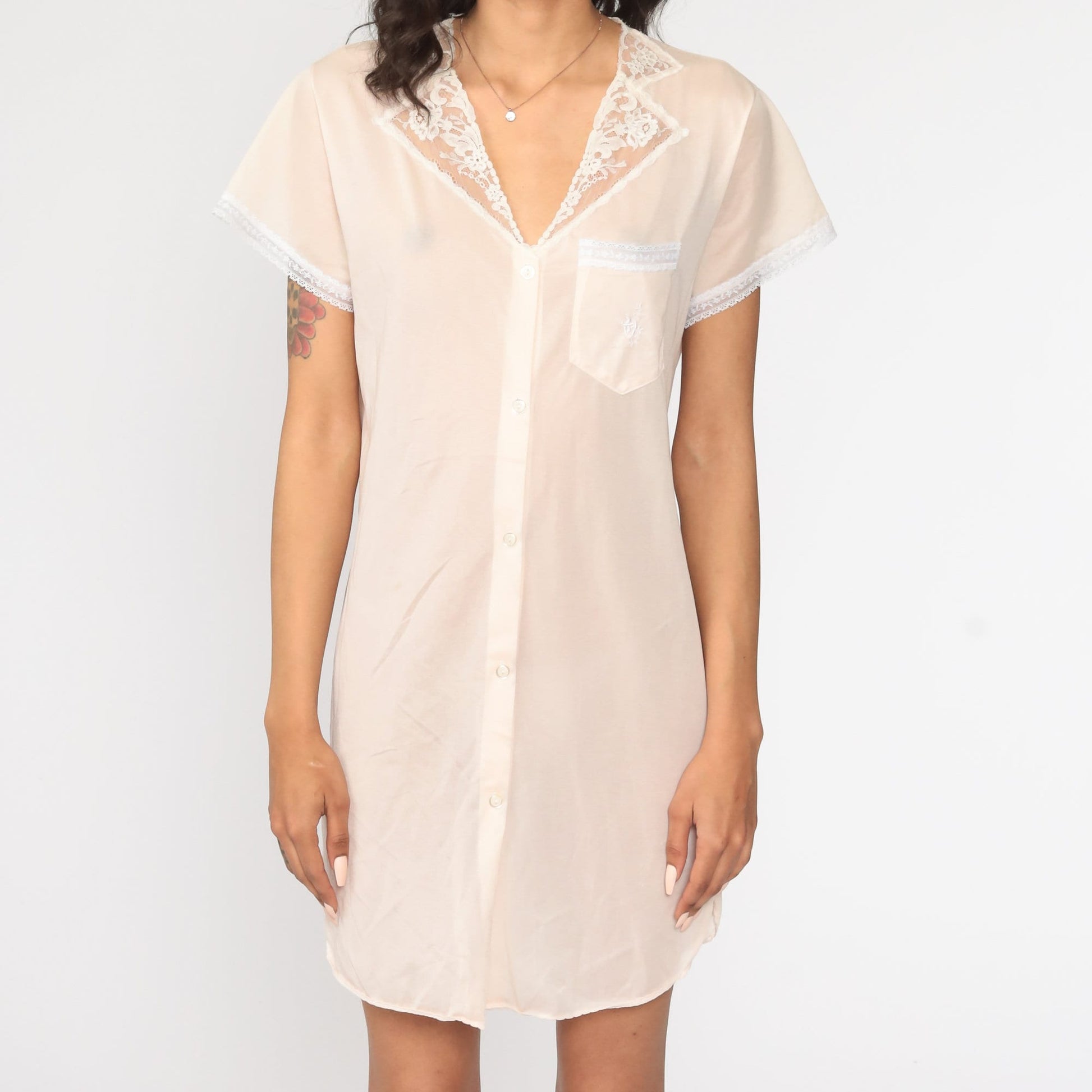 80s Pale Pink Nylon Pajama Dress Lace Trim Button Front Short Sleeve Medium