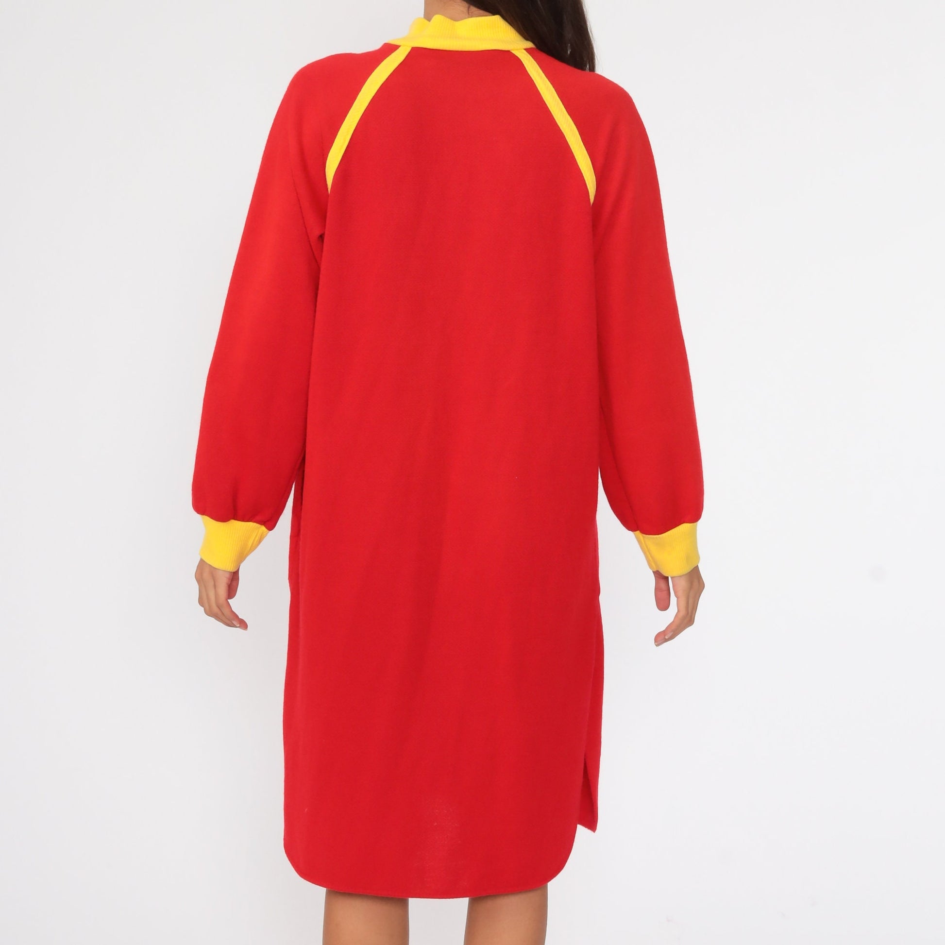 80s Red Pajama Dress Nightgown Yellow Trim Zip Front Mini