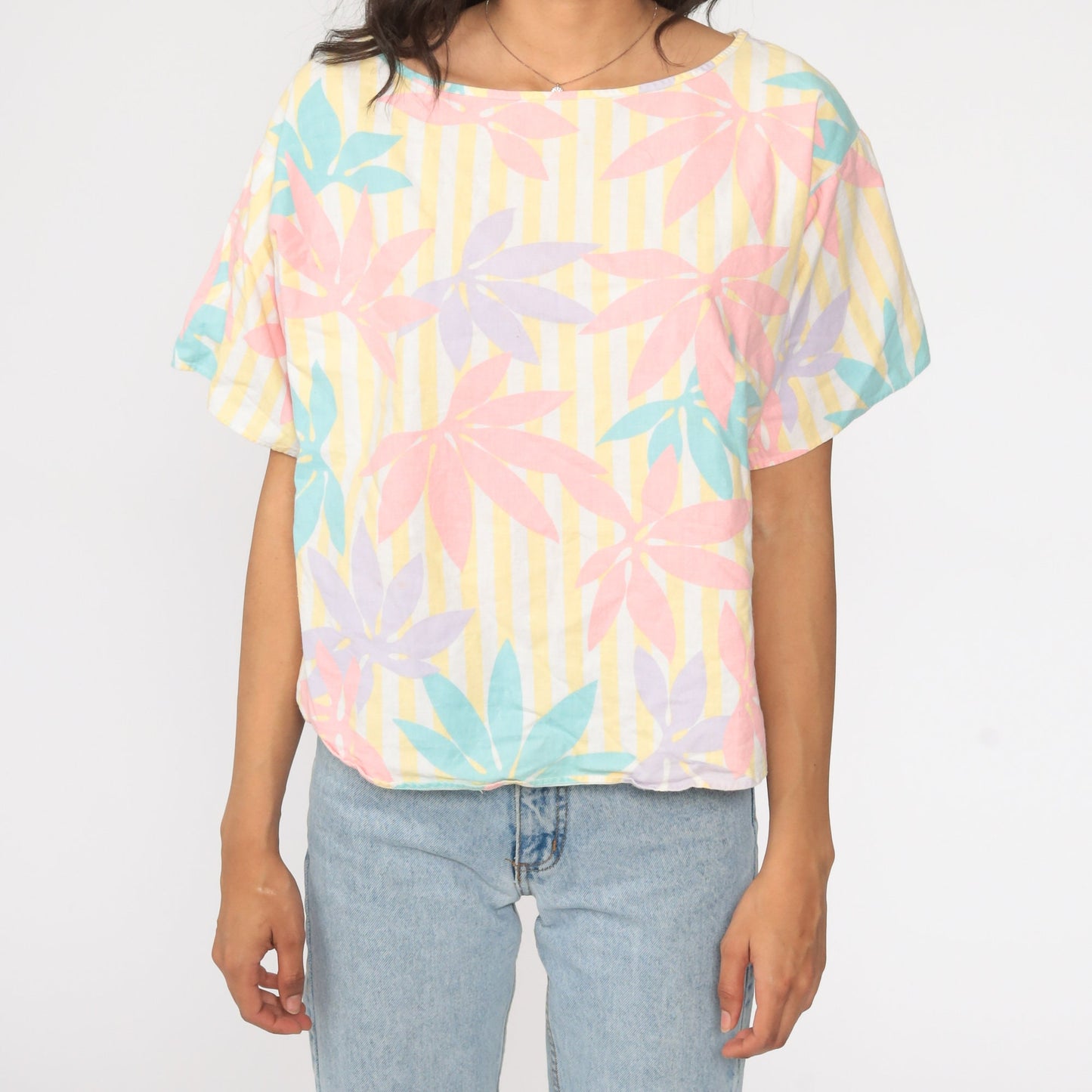 80s Wrangler Floral Print Shirt Pink Yellow Striped Short Sleeve Blouse Large L