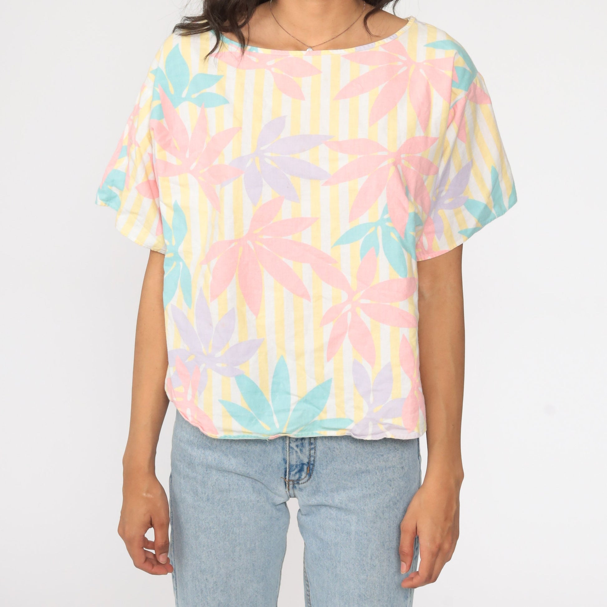80s Wrangler Floral Print Shirt Pink Yellow Striped Short Sleeve Blouse Large L