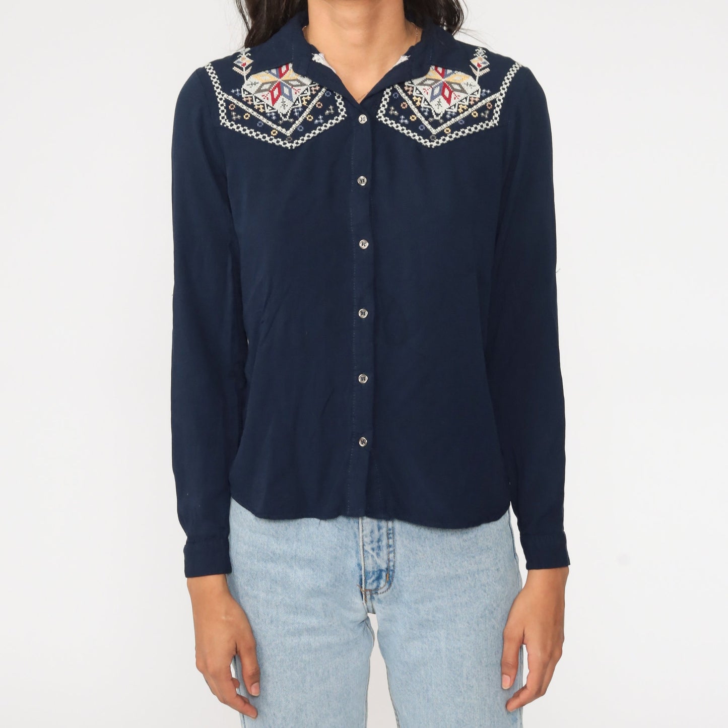 90s Navy Beaded Embroidered Floral Button-Up Blouse Long Sleeve Small