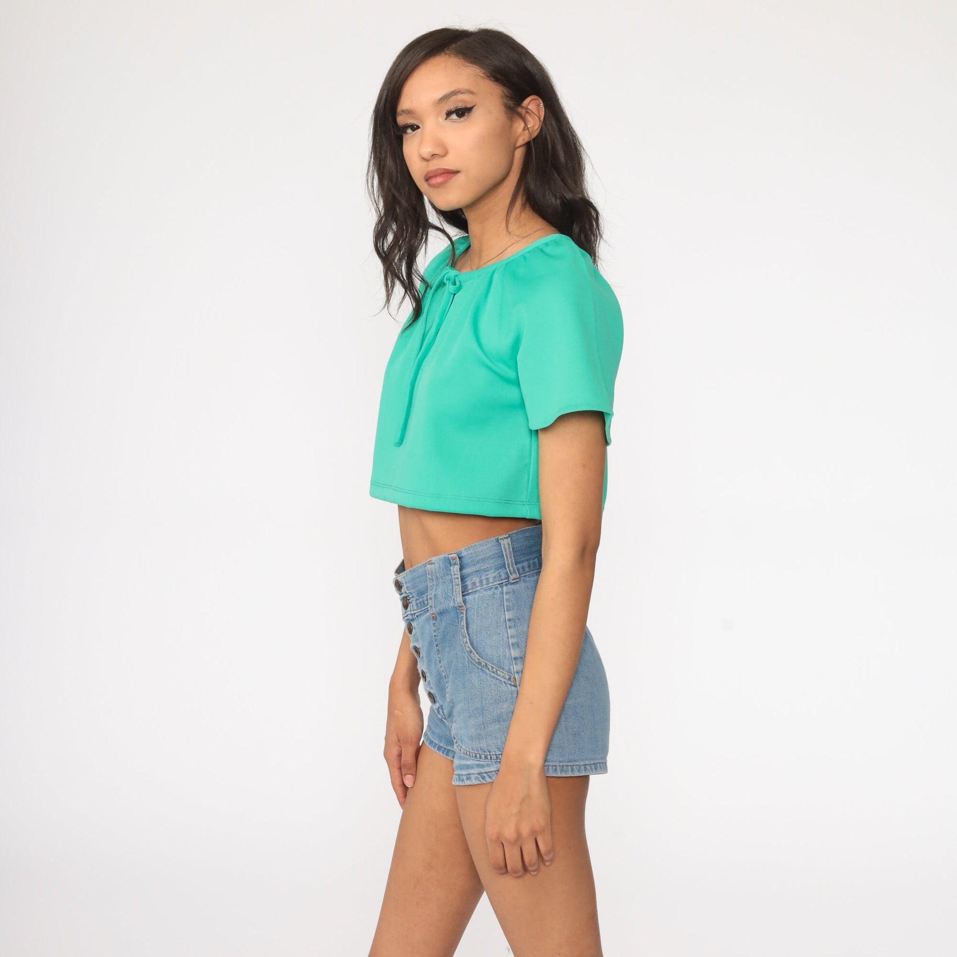 70s Green Crop Top Keyhole Neck Flutter Sleeve Blouse Small