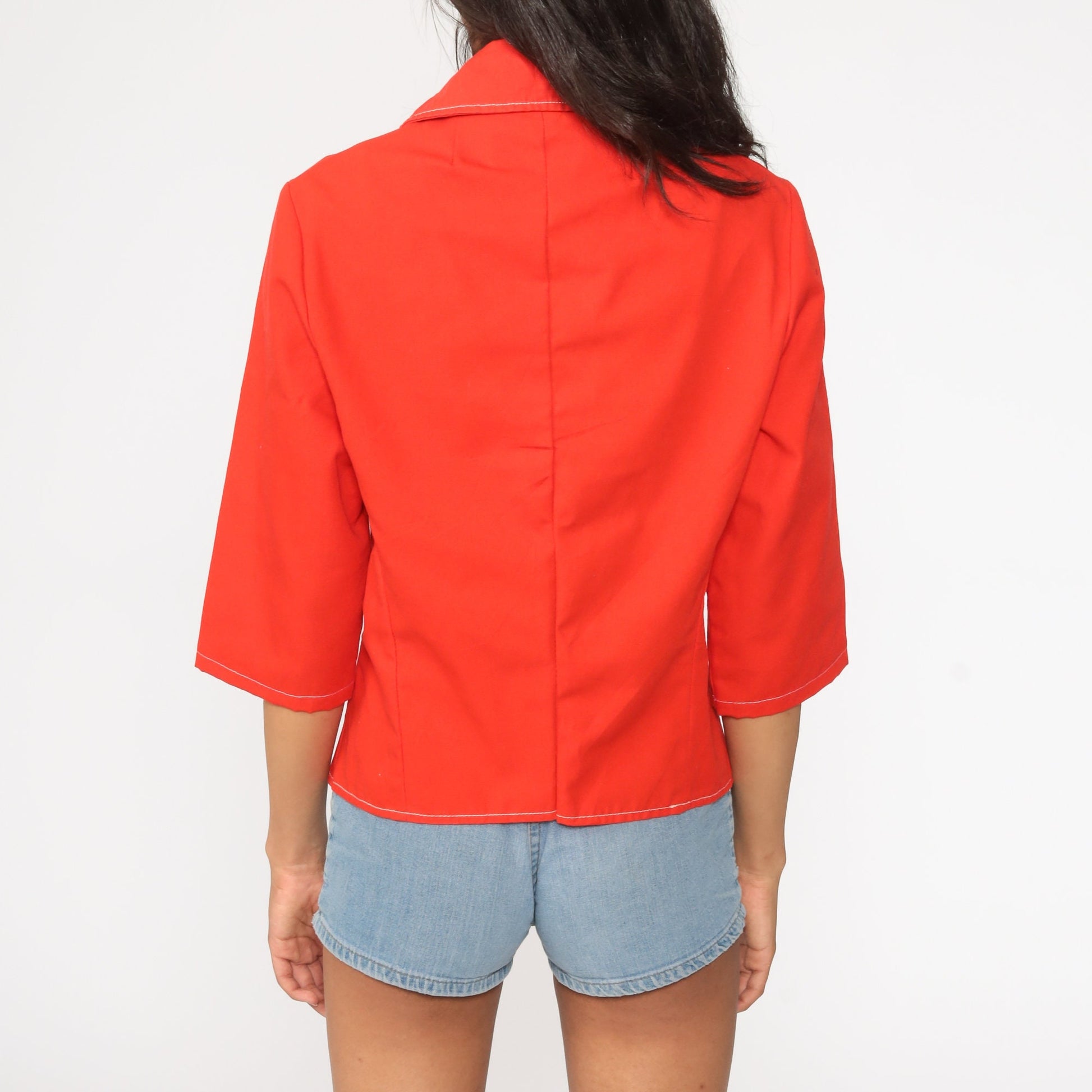 70s Red Zip Jacket Asymmetrical Collar 3/4 Sleeve Small Medium