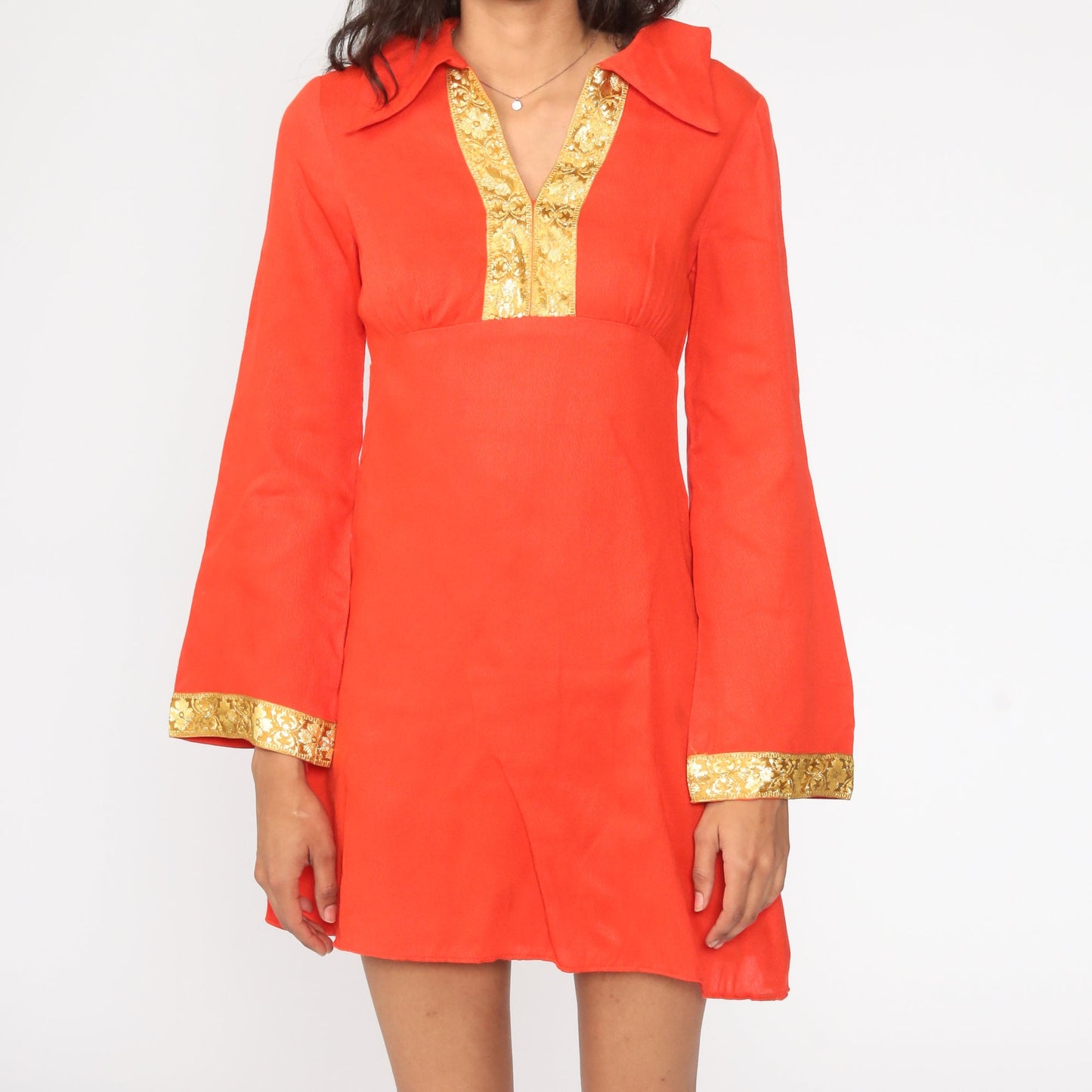 70s Red-Orange Babydoll Dress Gold Trim Bell Sleeve Empire Waist Mini Small
