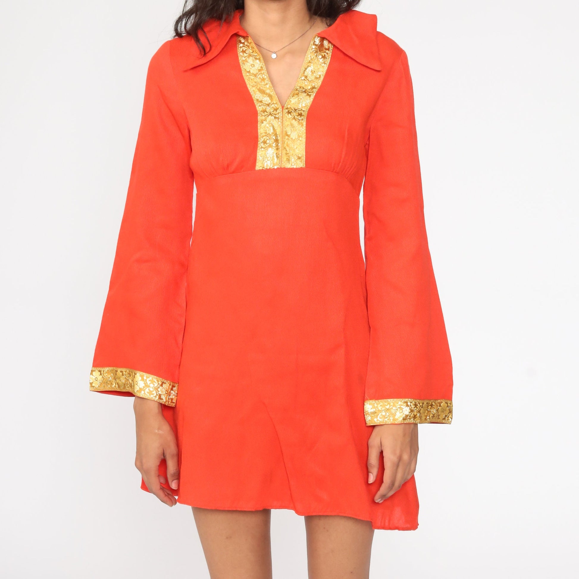 70s Red-Orange Babydoll Dress Gold Trim Bell Sleeve Empire Waist Mini Small