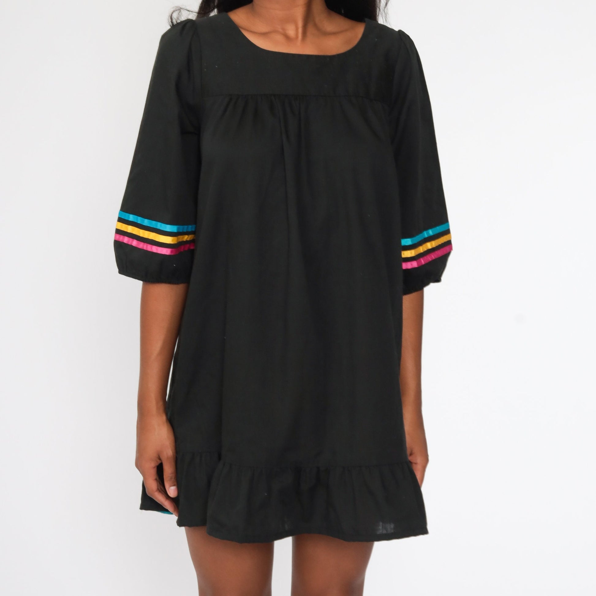 80s Black Puff Sleeve Mini Dress Tent Cut Ribbon Trim Medium