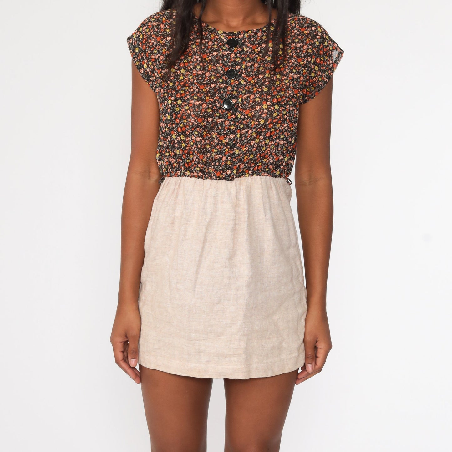 70s Brown Floral Mini Dress Button-Up High Waisted Cap Sleeve Small