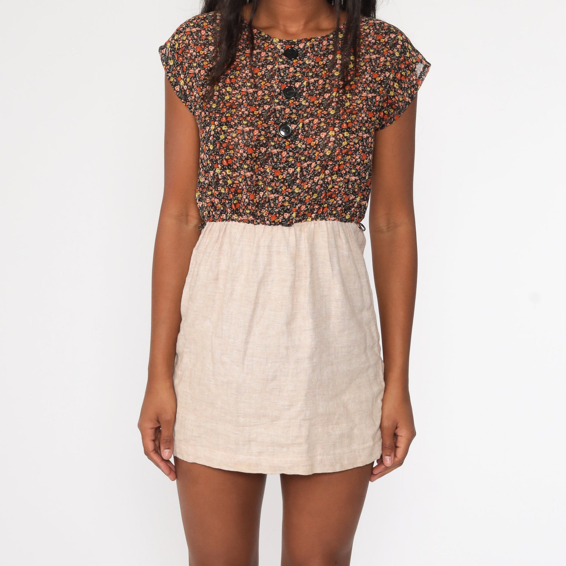 70s Brown Floral Mini Dress Button-Up High Waisted Cap Sleeve Small