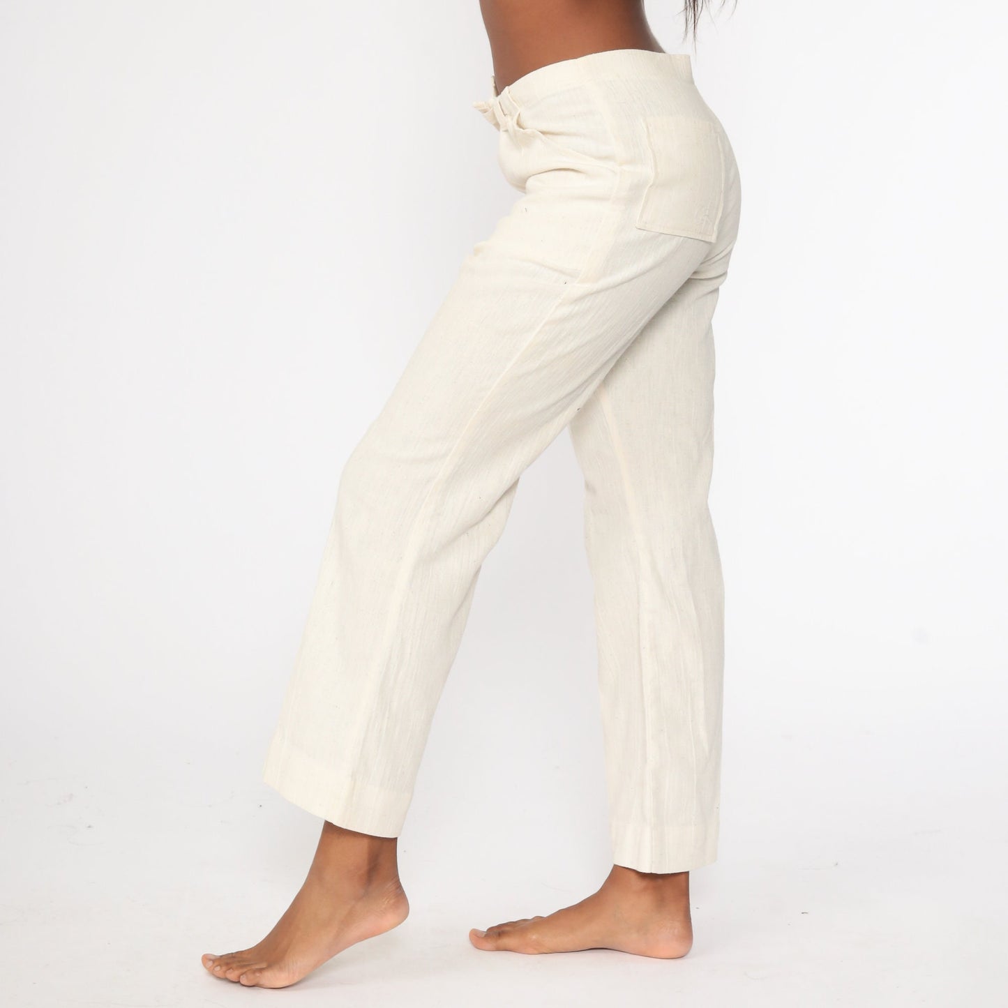 70s Bell Bottom Pants Off-White Cotton Drawstring Mid Rise Small
