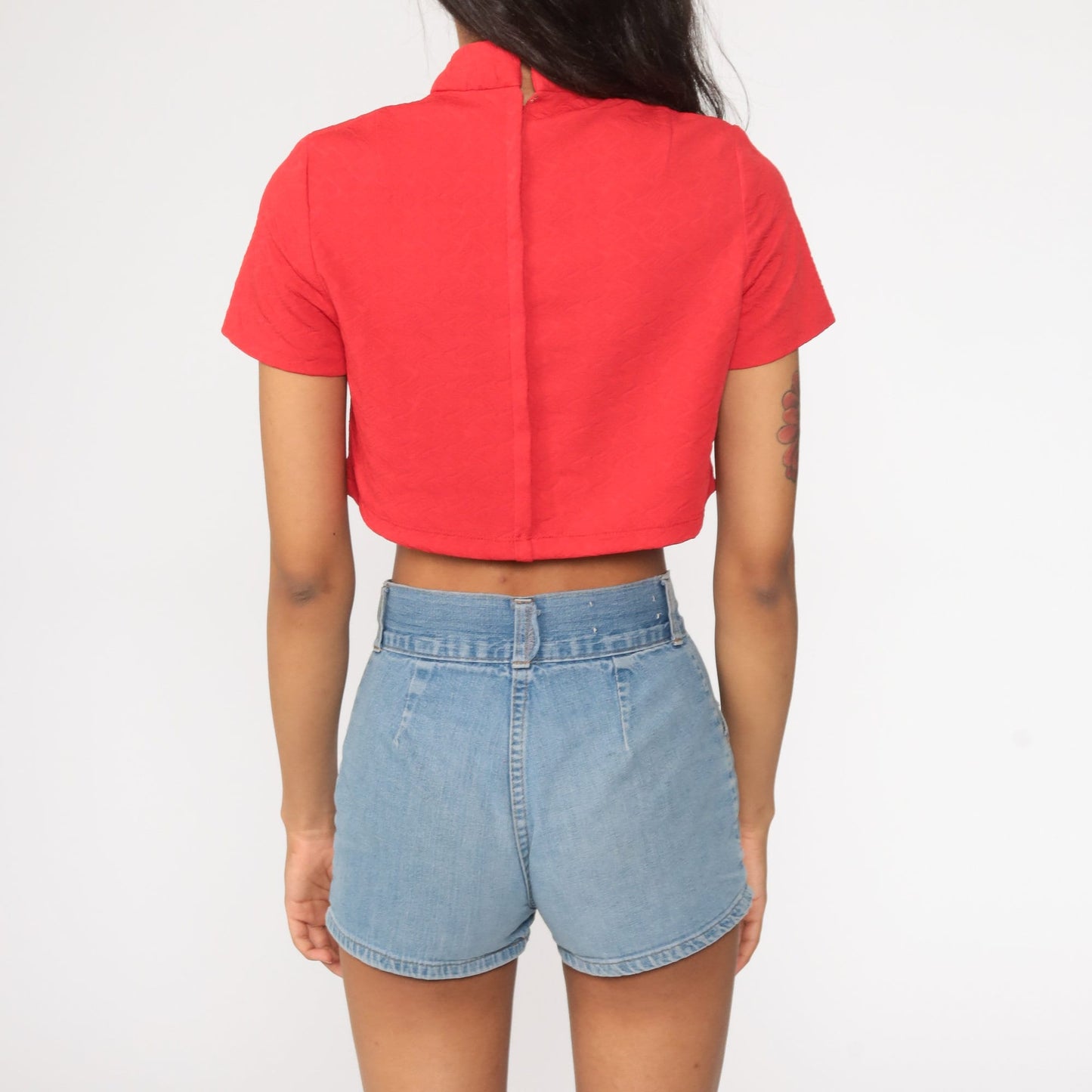 70s Red Mock Neck Crop Top Short Sleeve Polyester Shirt Small