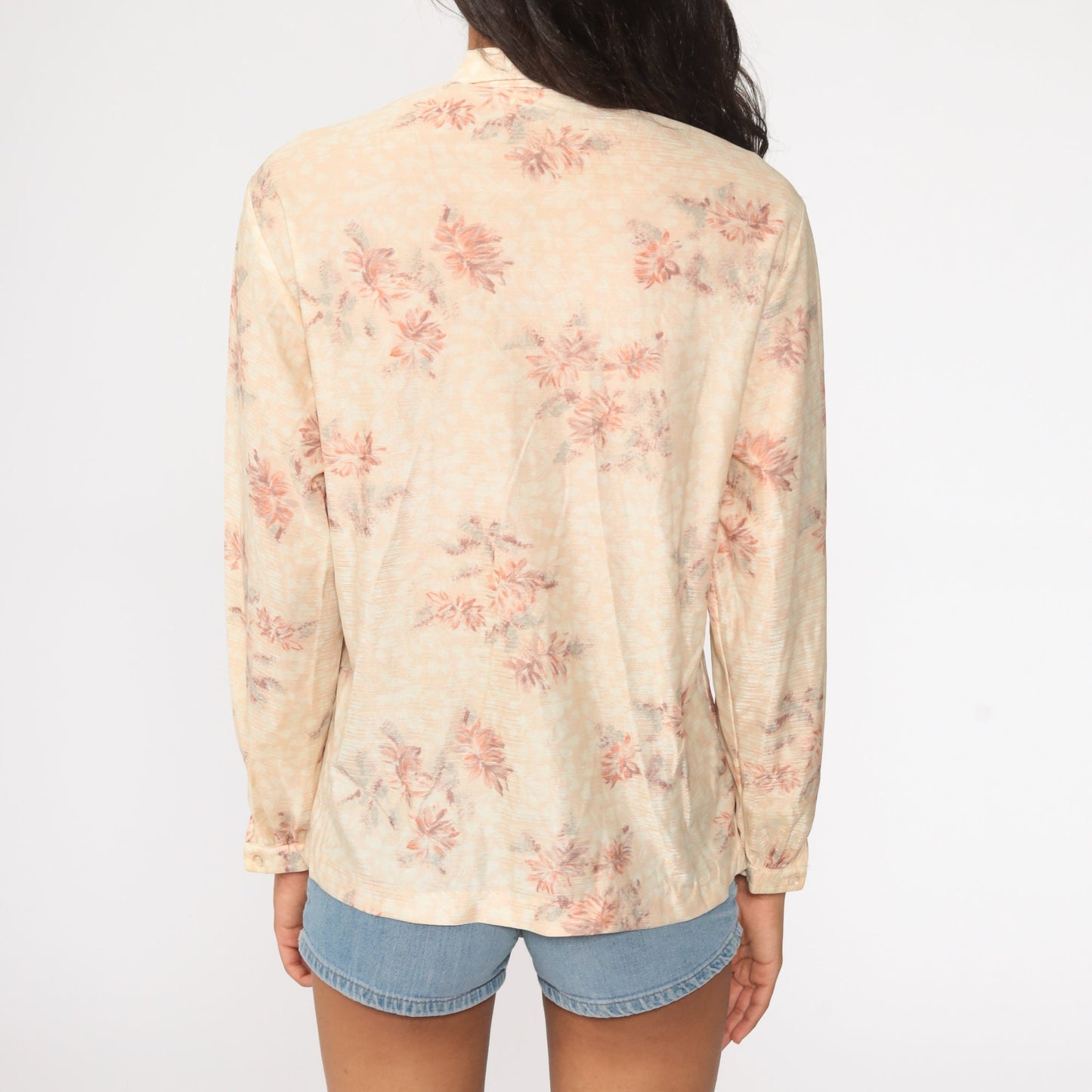 70s Floral Peter Pan Collar Blouse Cream Button-Up Long Sleeve Small