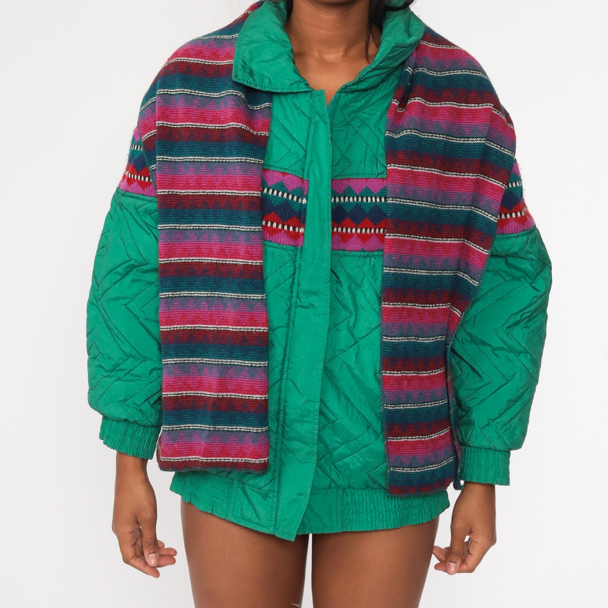 80s Green Puffer Ski Jacket with Attached Knit Scarf Large L